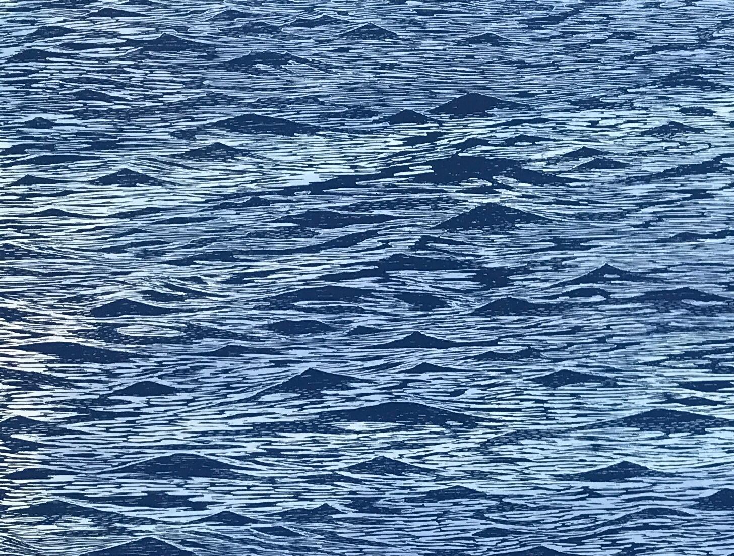 Diptyque de paysage marin 23, grande gravure horizontale sur bois bleue représentant de l'eau et des vagues océaniques - Contemporain Print par Eve Stockton