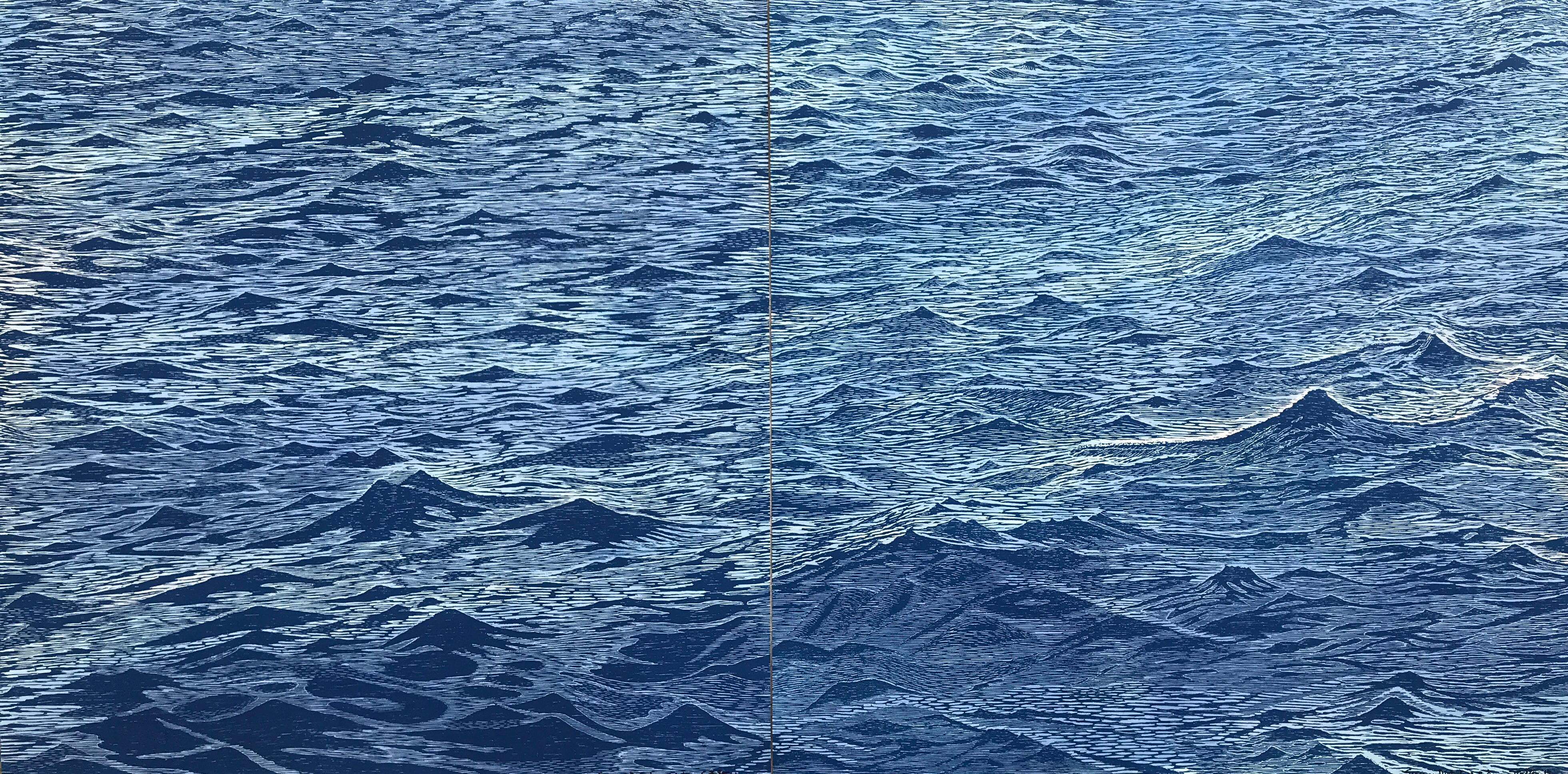 Landscape Print Eve Stockton - Diptyque de paysage marin 23, grande gravure horizontale sur bois bleue représentant de l'eau et des vagues océaniques