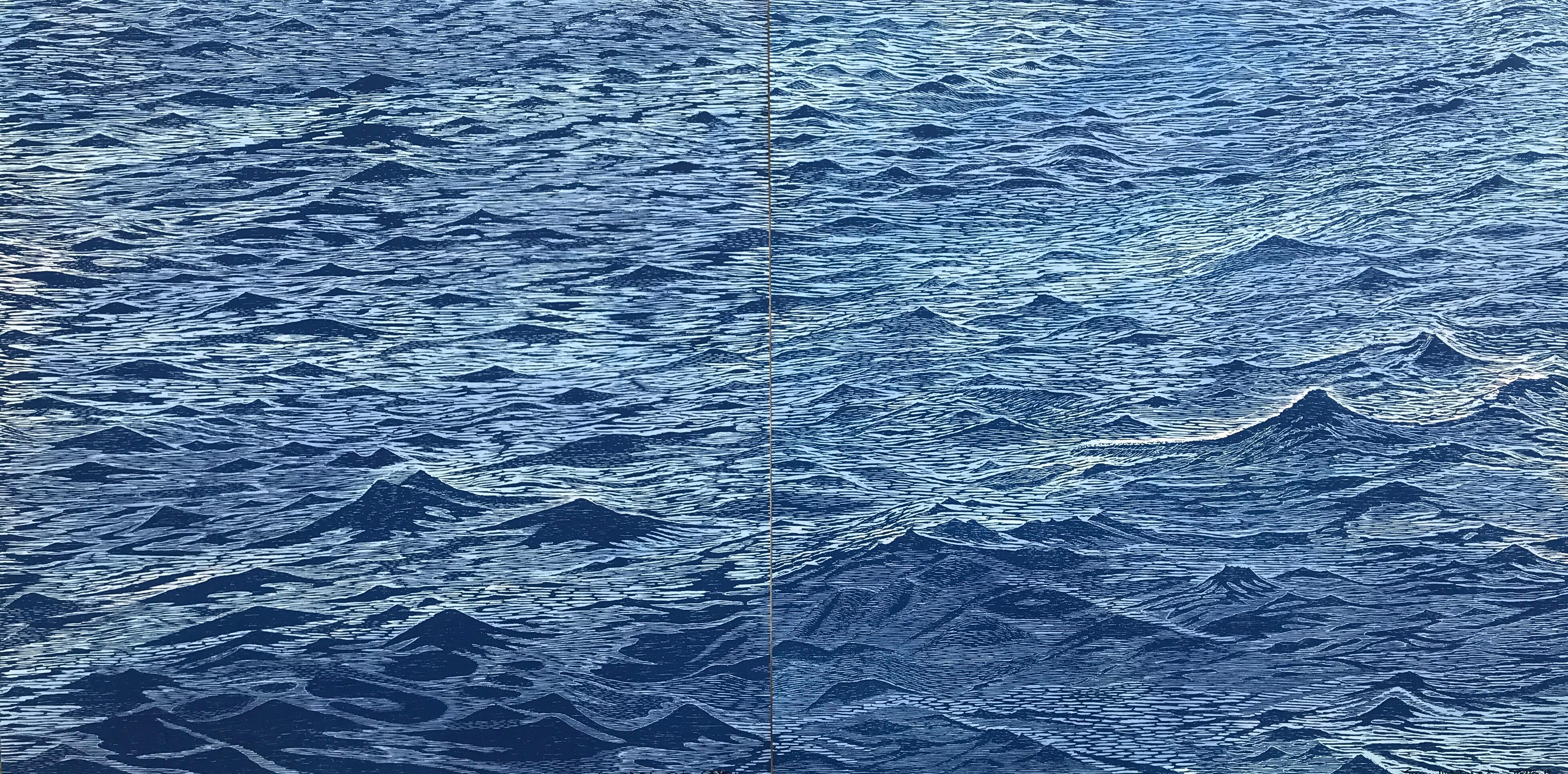 Díptico del paisaje marino 23, Gran xilografía horizontal azul de agua, olas del océano