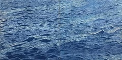 Seascape Diptych 23, Large Blue Horizontal Woodcut Print of Water, Ocean Waves