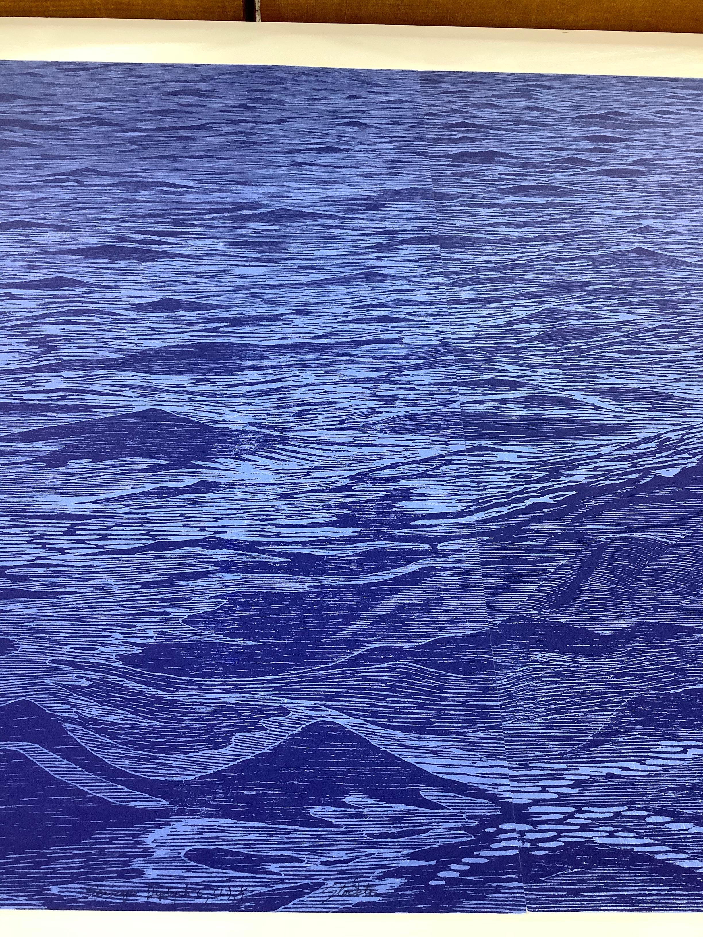 Seascape Diptych Six, Cobalt Blue Horizontal Seascape, Waves Woodcut Print   For Sale 7