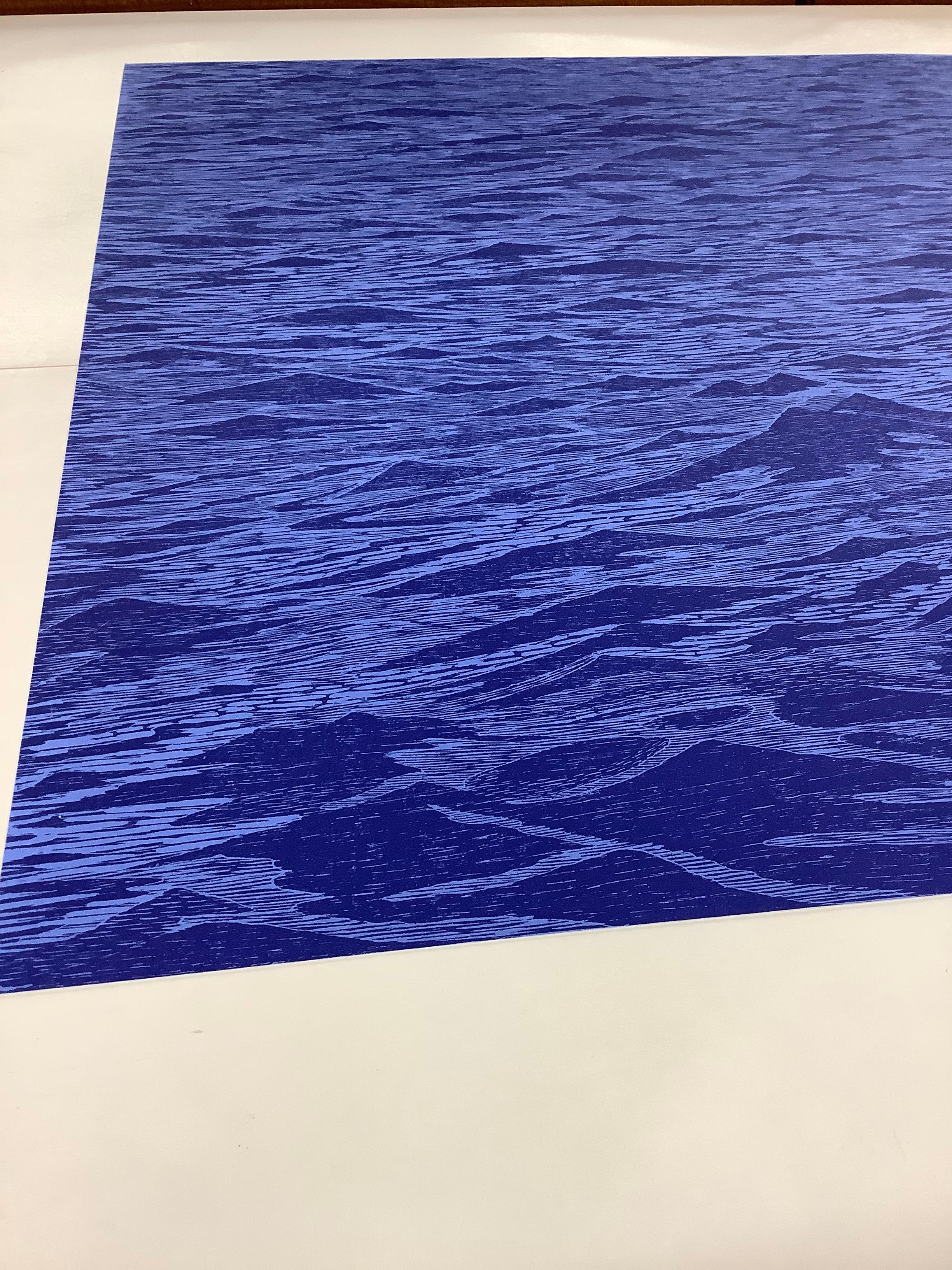 Seascape Diptych Six, Cobalt Blue Horizontal Seascape, Waves Woodcut Print   For Sale 8