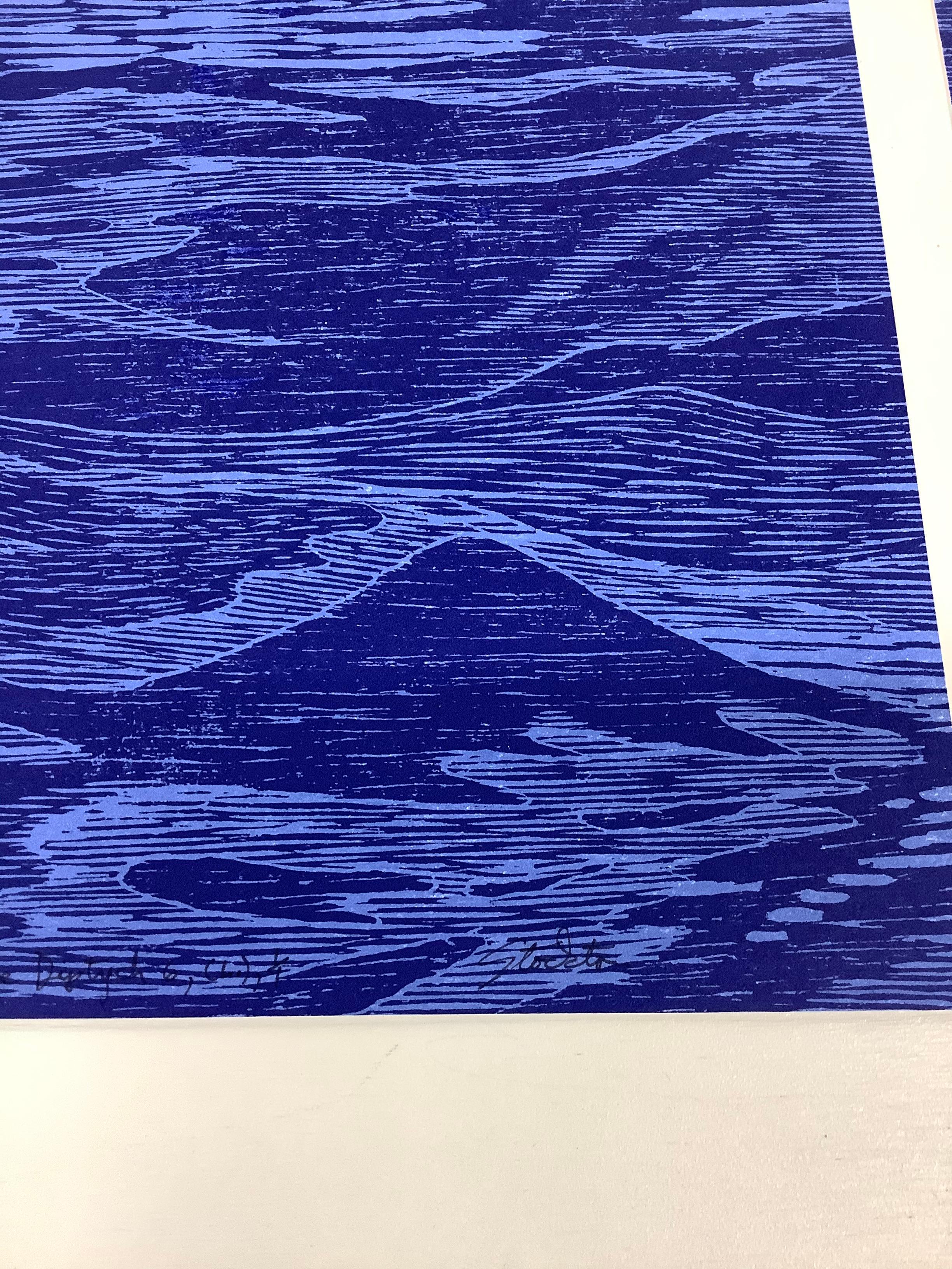 Seascape Diptych Six, Cobalt Blue Horizontal Seascape, Waves Woodcut Print   For Sale 10