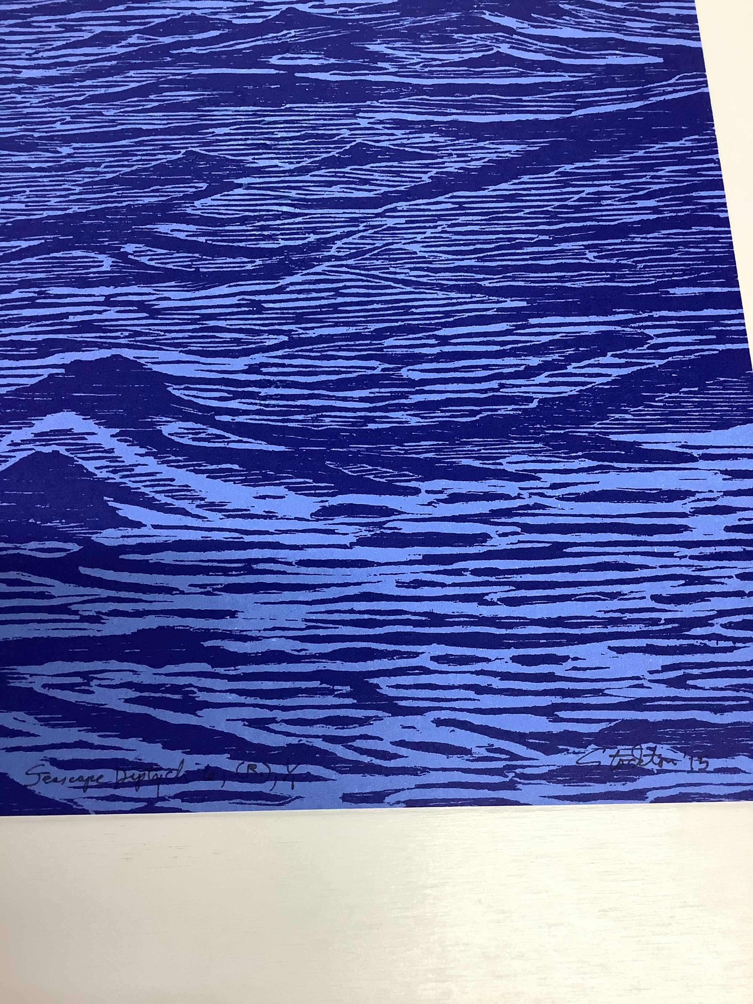 Seascape Diptych Six, Cobalt Blue Horizontal Seascape, Waves Woodcut Print   For Sale 14
