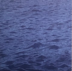 Dittico sei paesaggi marini, paesaggio marino orizzontale blu cobalto, stampa xilografica onde