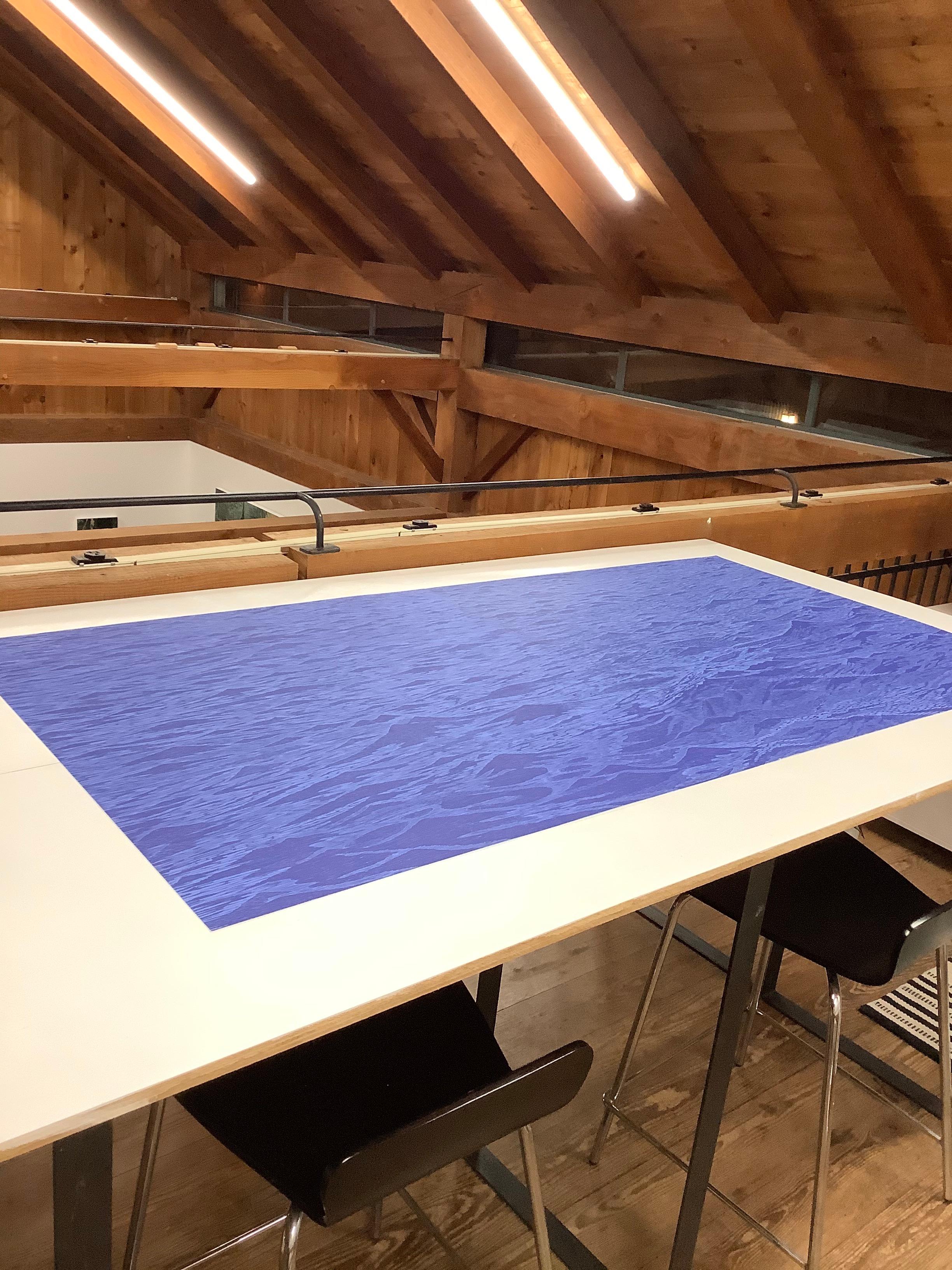 Seascape Diptych Six, Cobalt Blue Horizontal Seascape, Waves Woodcut Print   For Sale 1