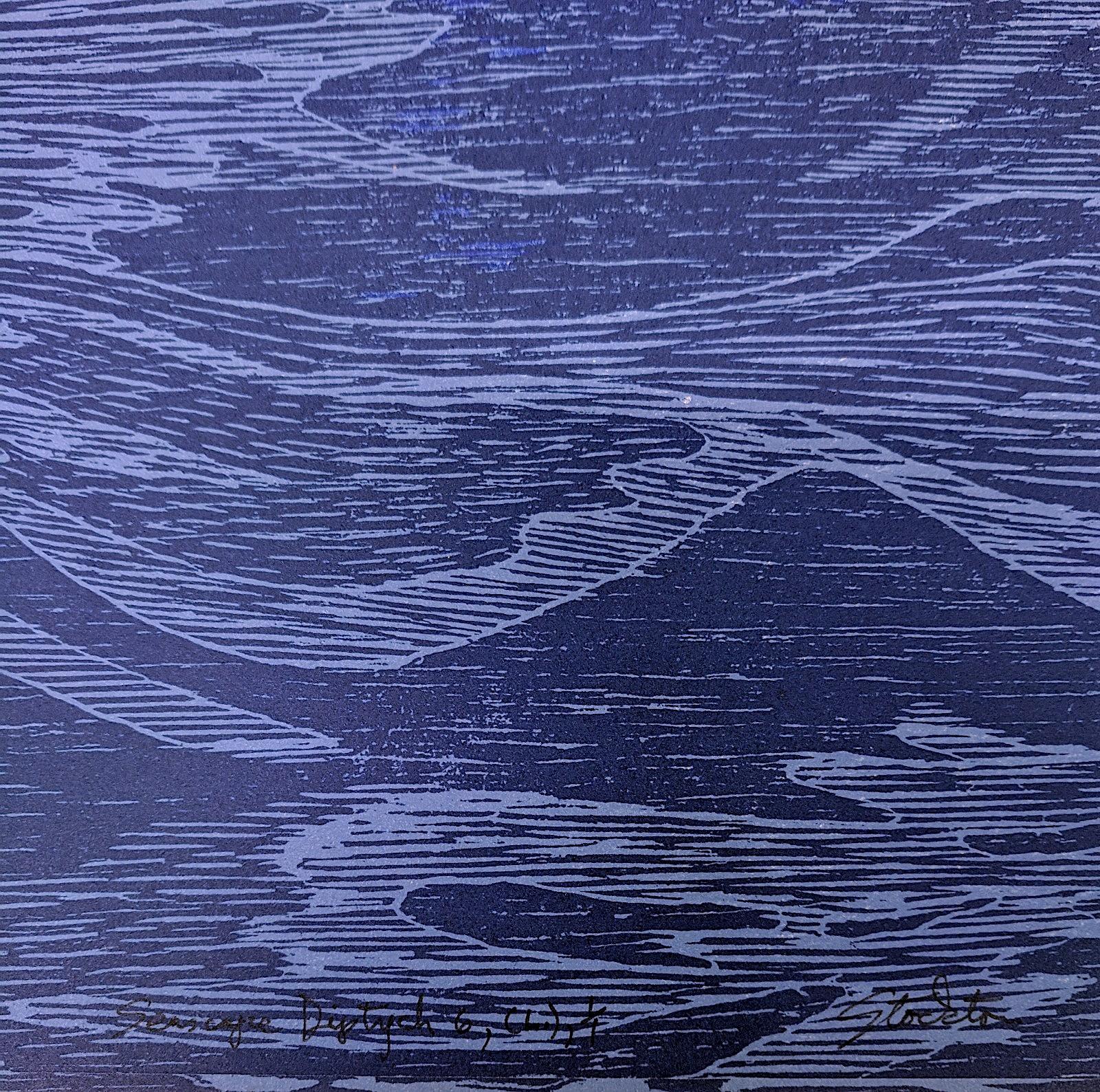 Seascape Diptych Six, Cobalt Blue Horizontal Seascape, Waves Woodcut Print   For Sale 2