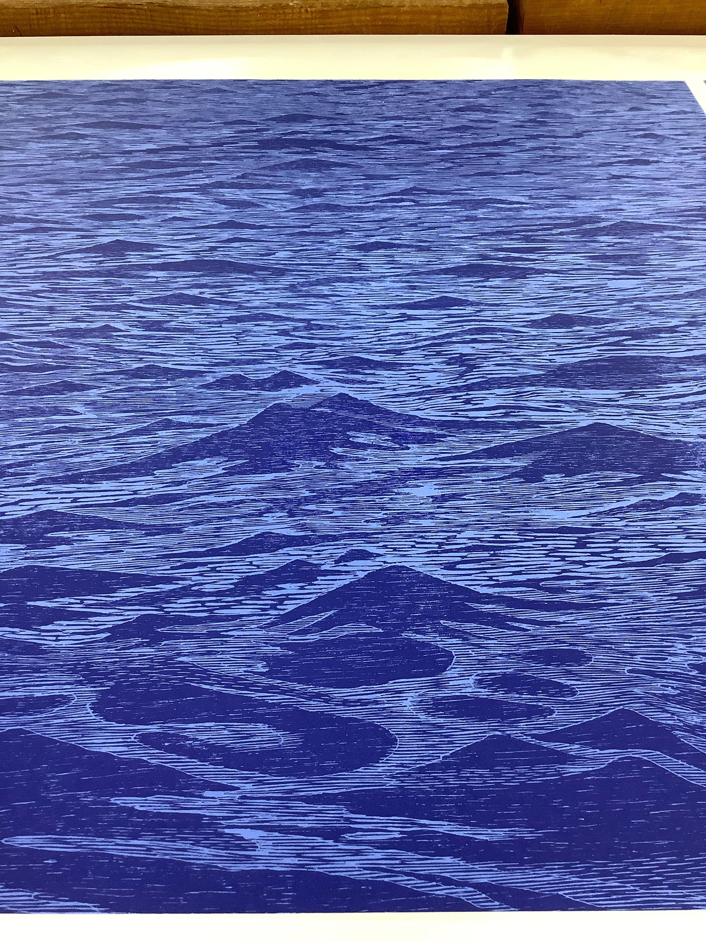 Seascape Diptych Six, Cobalt Blue Horizontal Seascape, Waves Woodcut Print   For Sale 4