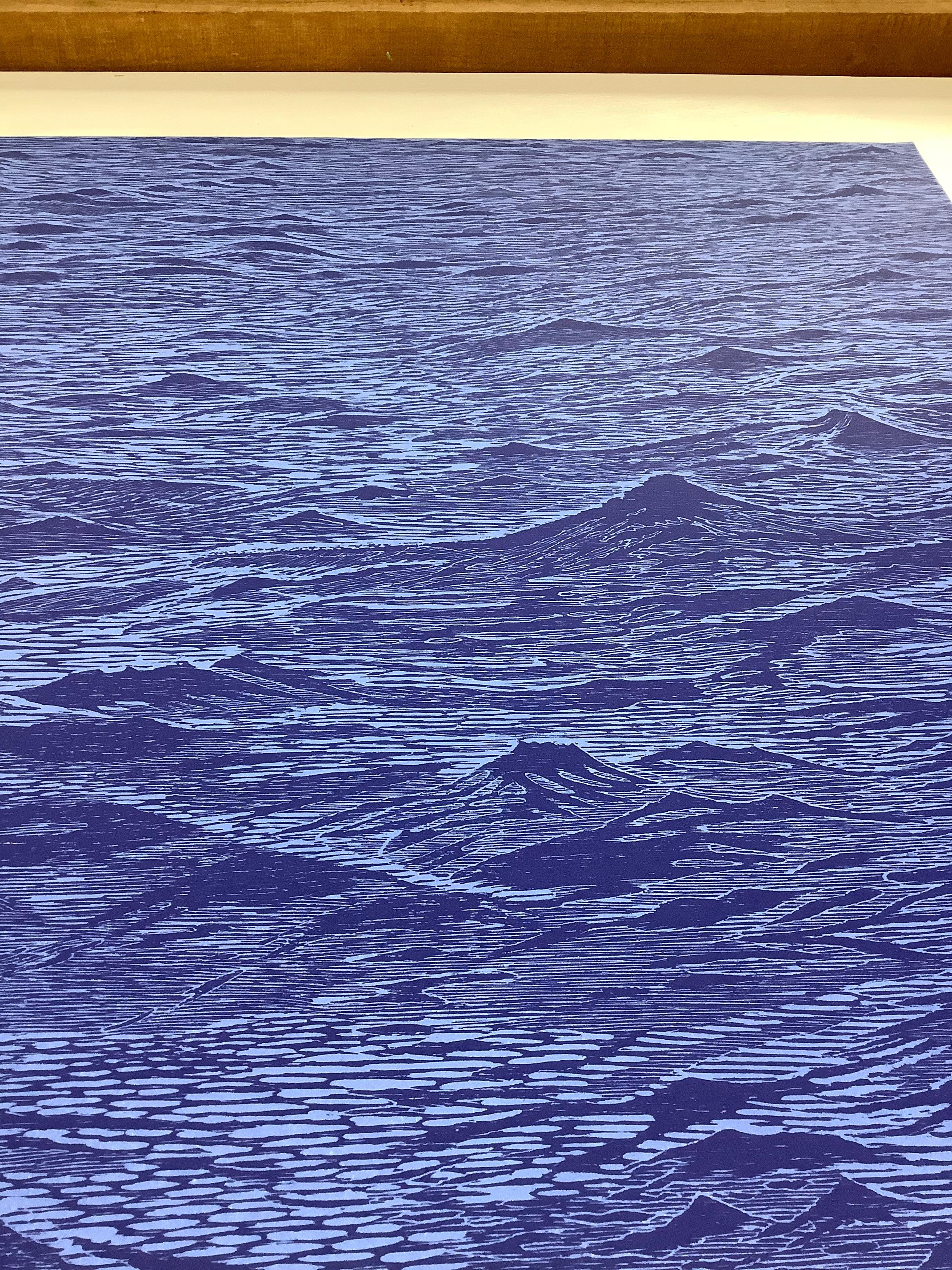 Seascape Diptych Six, Cobalt Blue Horizontal Seascape, Waves Woodcut Print   For Sale 5