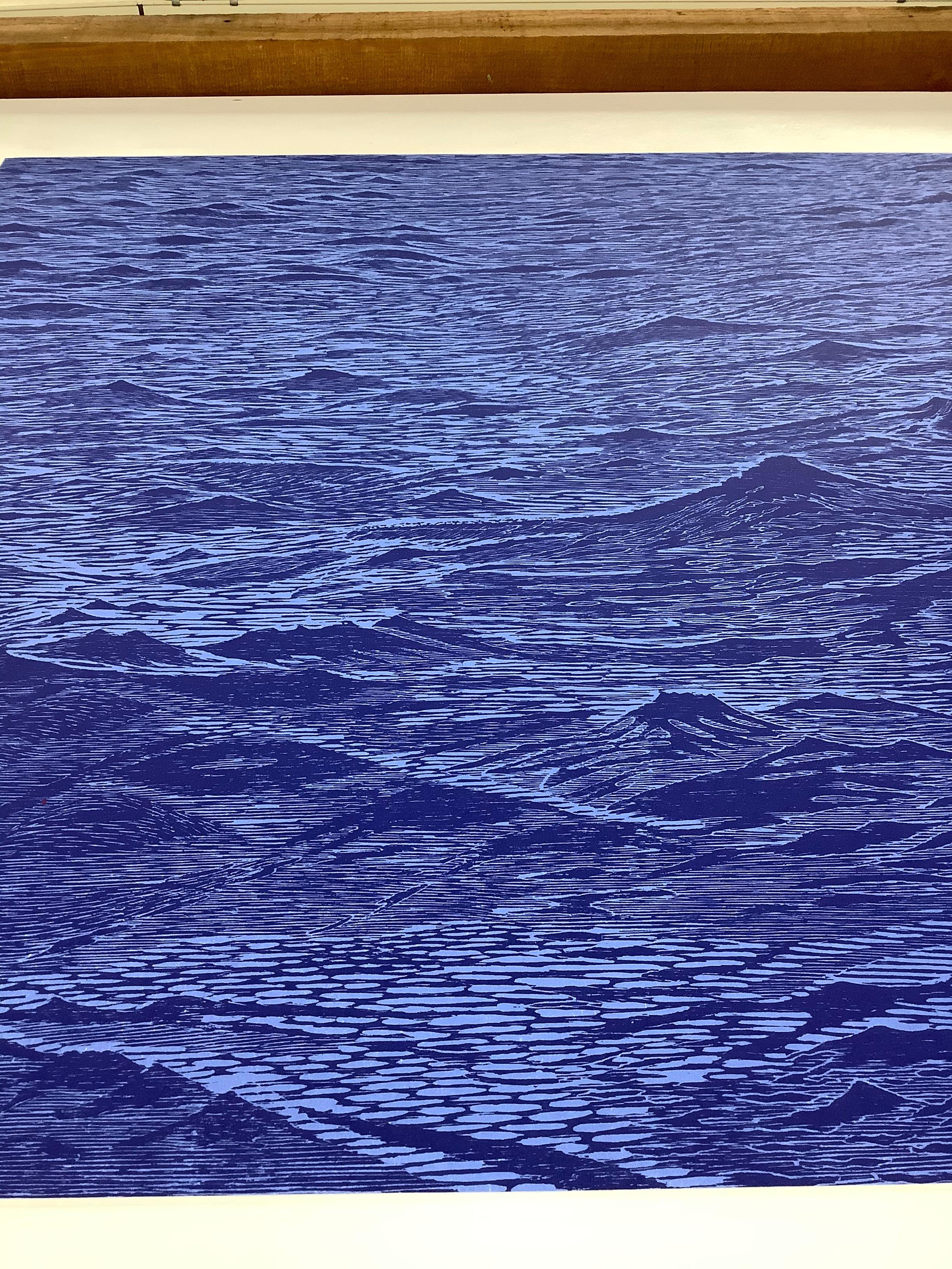 Seascape Diptych Six, Cobalt Blue Horizontal Seascape, Waves Woodcut Print   For Sale 6