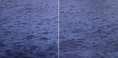 Seascape Diptych Six - Navy Blue Violet Ocean Sea Waves Woodcut Print