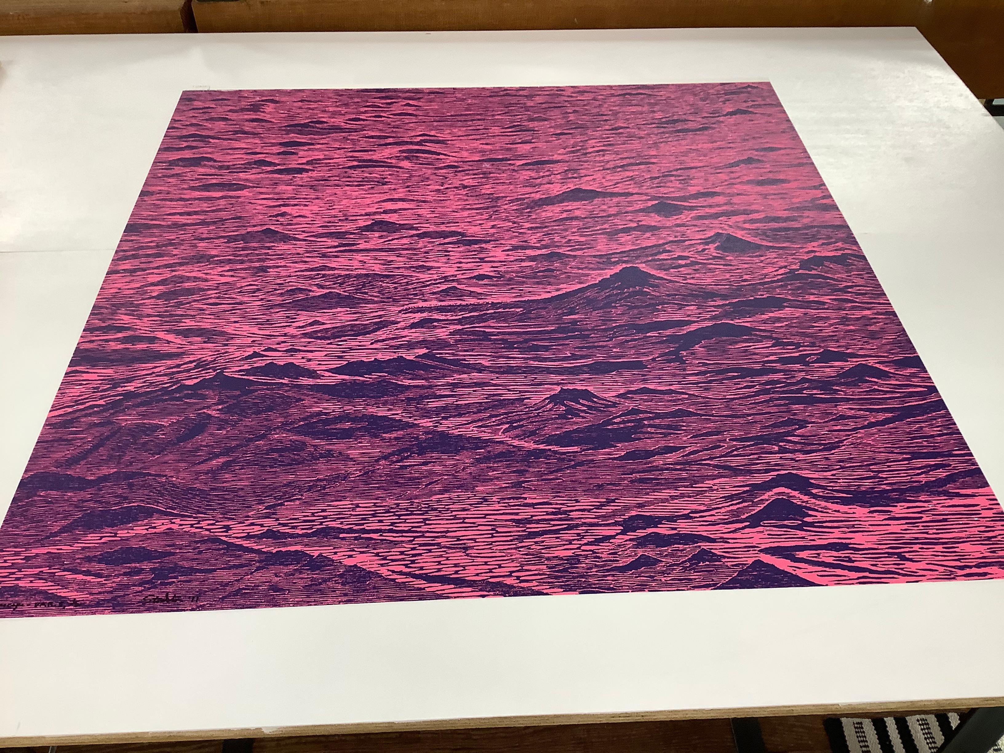 Seascape Five, Bright Pink, Dark Cobalt Blue Ocean Waves Woodcut Print For Sale 9