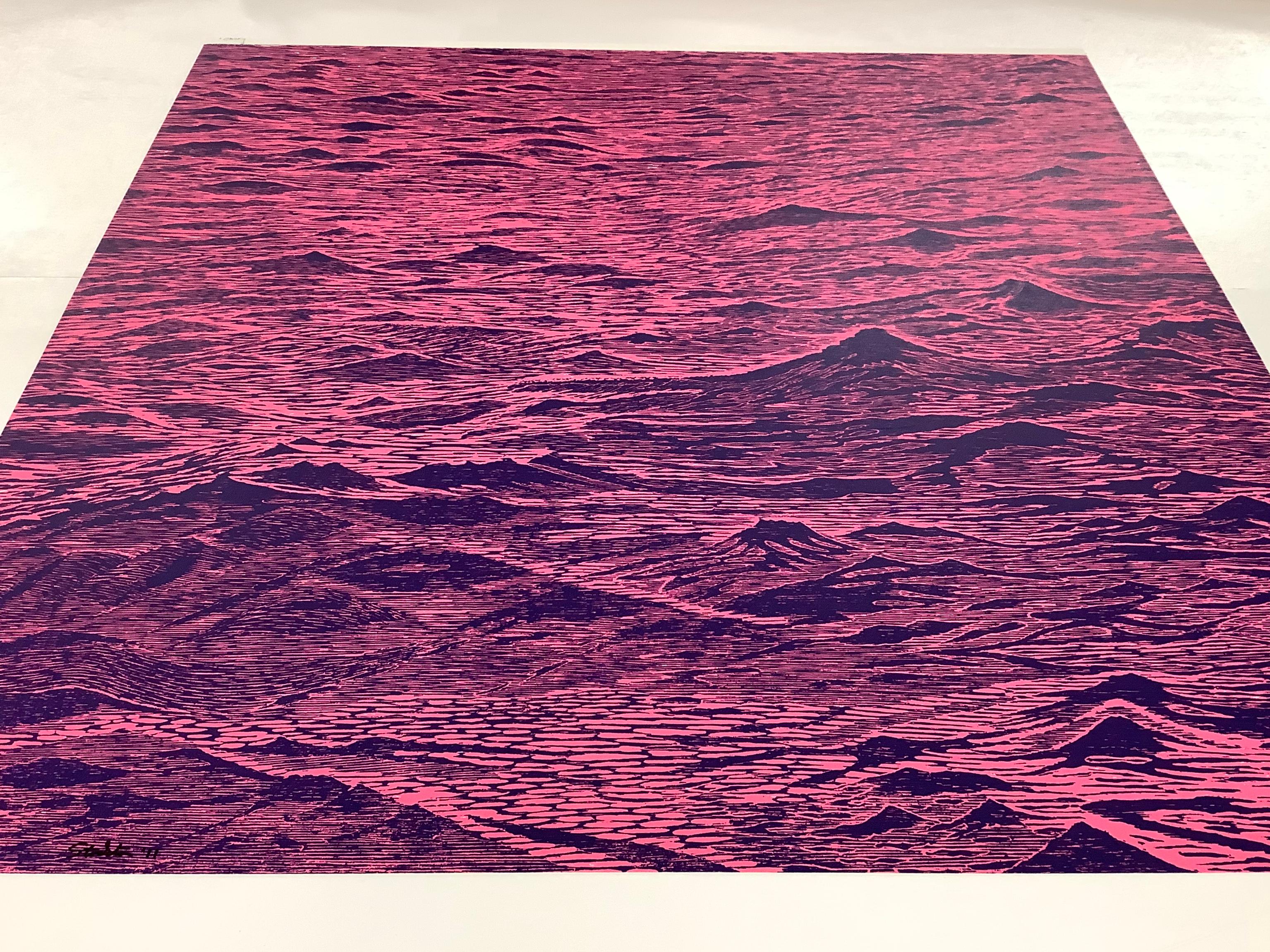 This woodcut print evokes the peacefulness of ocean waves depicted in bright pink and deep, dark cobalt blue, bringing to mind the tradition of Japanese printing while being distinctly contemporary. 

Edition 1/2. Signed and stamped CCP (Center for