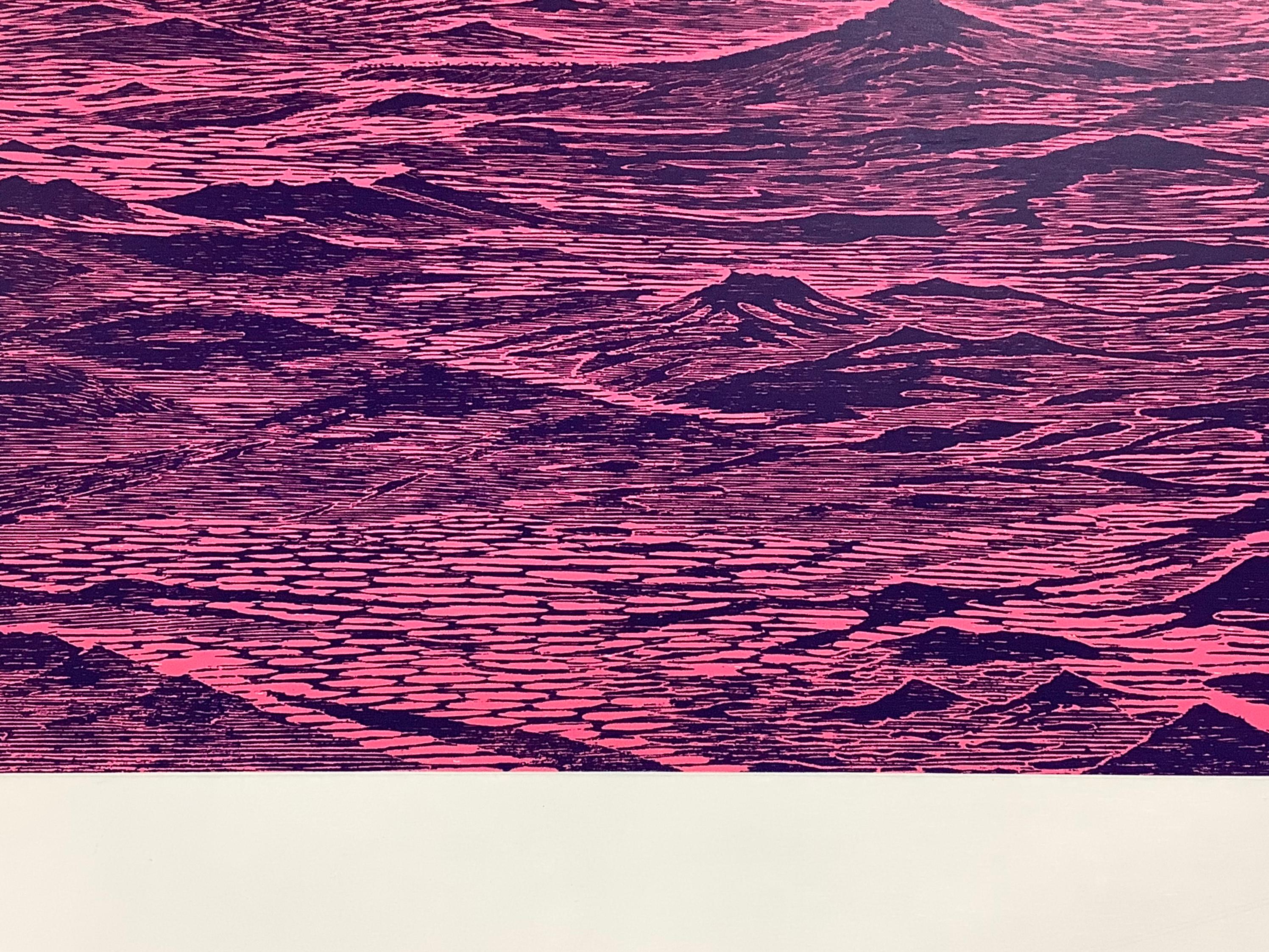 Seascape Five, Bright Pink, Dark Cobalt Blue Ocean Waves Woodcut Print For Sale 4