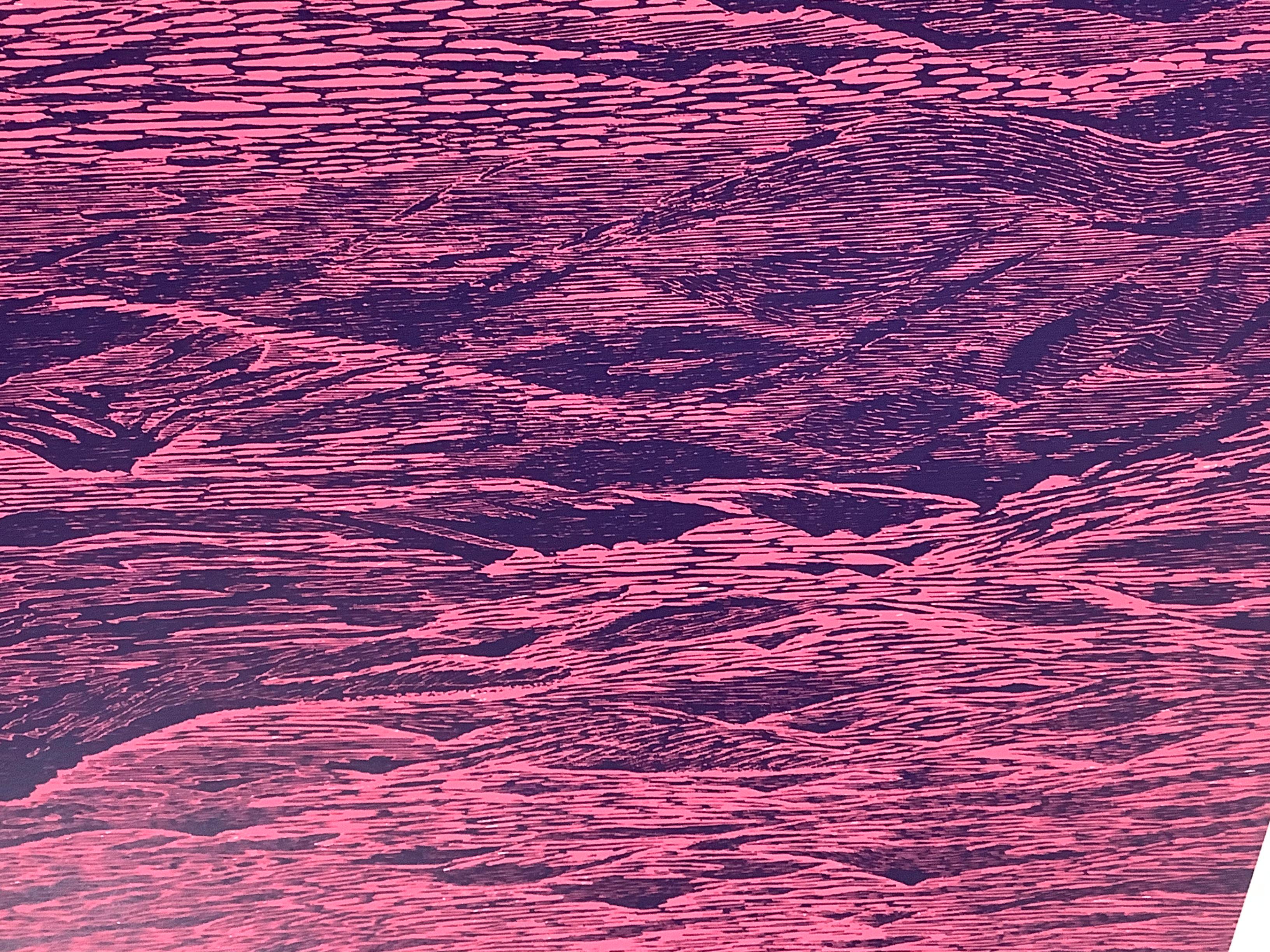 Meereslandschaft Fünf, leuchtend rosa, dunkelkobaltblauer Ozeanwellen-Holzschnitt im Angebot 3