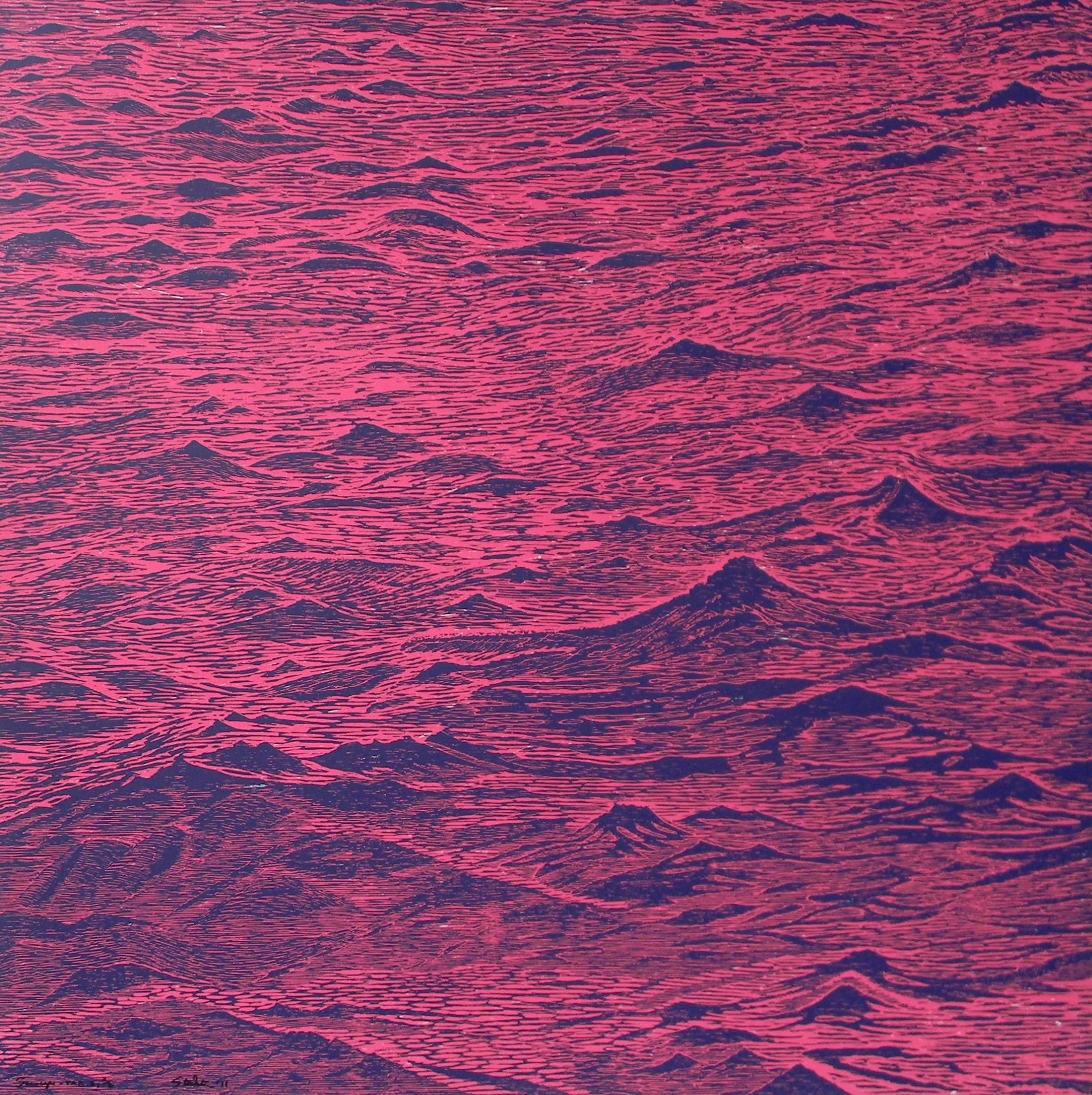 Meereslandschaft Fünf, leuchtend rosa, dunkelkobaltblauer Ozeanwellen-Holzschnitt
