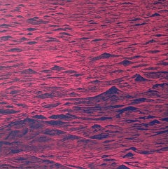 Used Seascape Five, Bright Pink, Dark Cobalt Blue Ocean Waves Woodcut Print