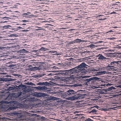 Seascape Four, Ocean Waves Woodcut Print, Pale Pink, Dark Indigo Blue Sea