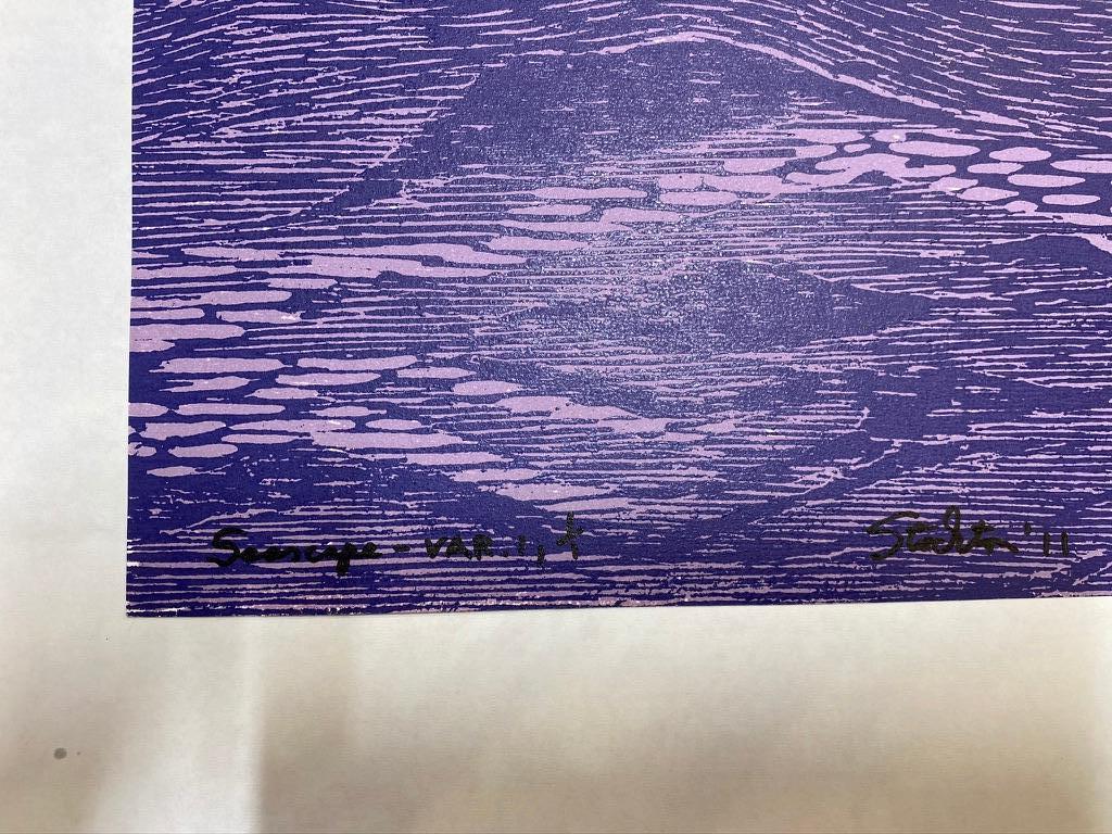 This is a unique woodcut print of ocean waves waves in shades of purple from pale lavender to deep violet inks. The monotype calls to mind the tradition of Japanese printing while being distinctly contemporary. 

Edition 1/1 (monotype) unframed.