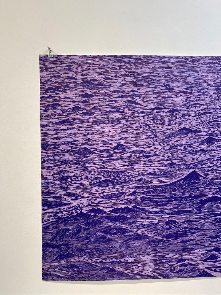 Seascape One, Ocean Waves Woodcut Print, Pale Lavender and Dark Violet Purple 1