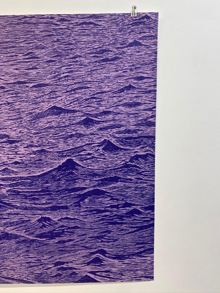 Seascape One, Ocean Waves Woodcut Print, Pale Lavender and Dark Violet Purple 2