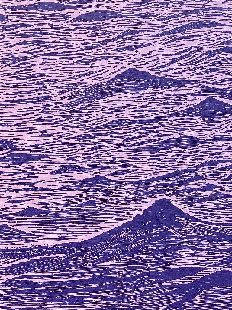 Seascape One, Ocean Waves Woodcut Print, Pale Lavender and Dark Violet Purple 3