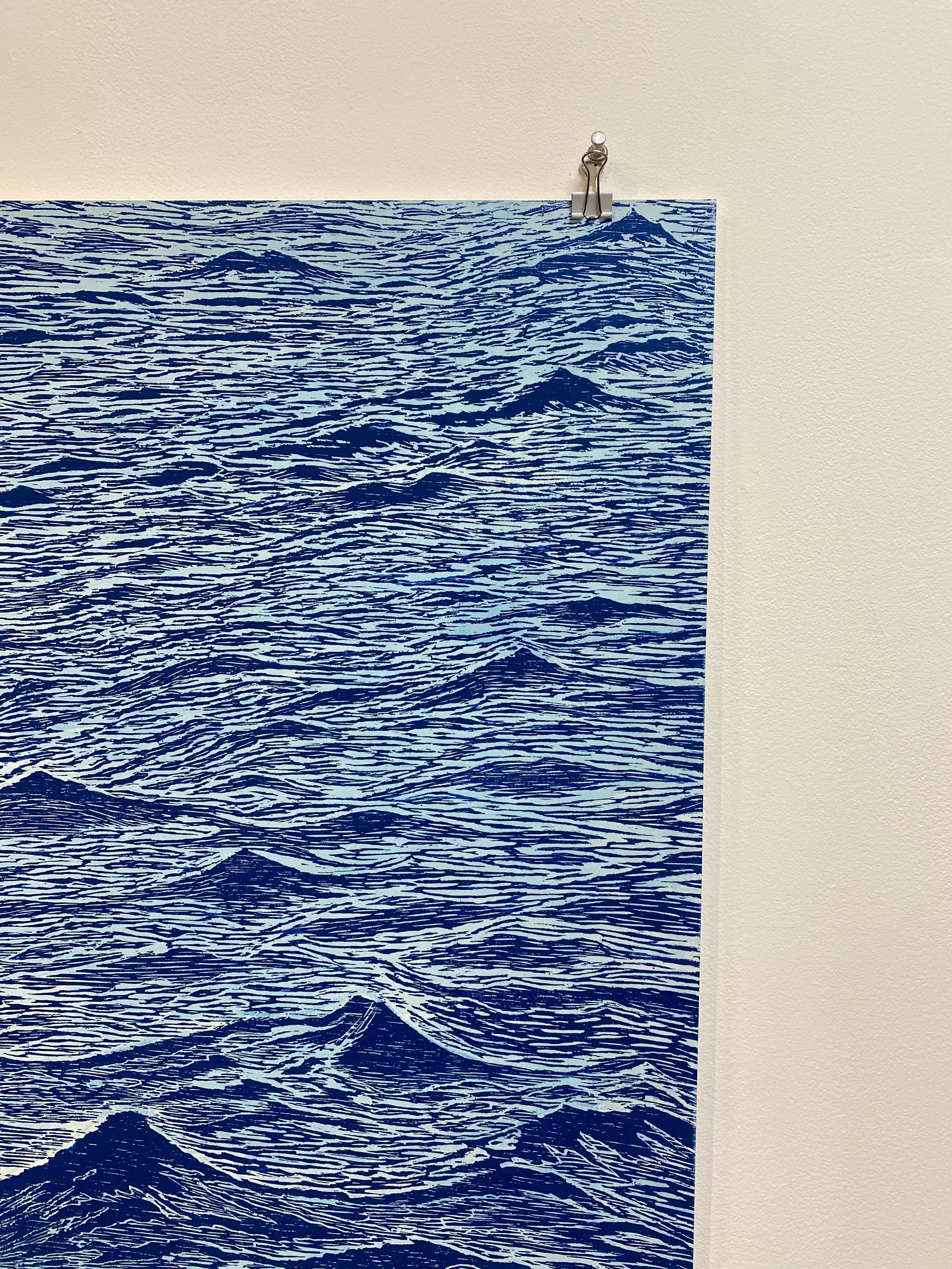 Seascape 24, Woodcut Print of Ocean Waves in Light Blue and Dark Cobalt, Navy 10