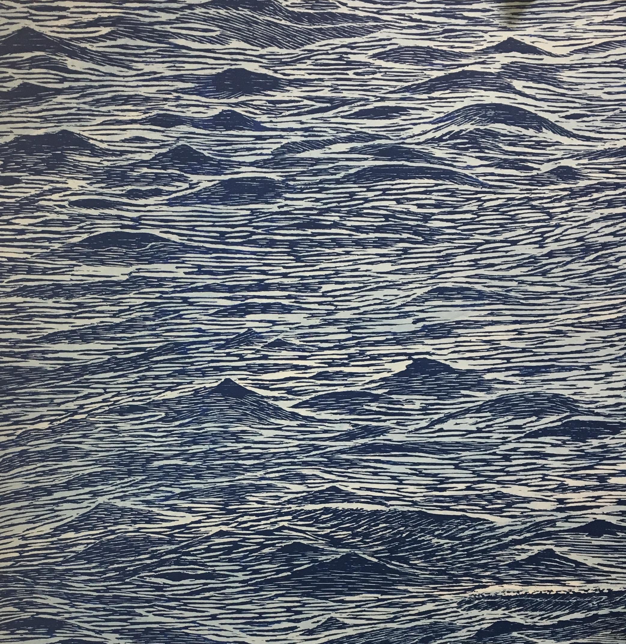 Seascape 24, Woodcut Print of Ocean Waves in Light Blue and Dark Cobalt, Navy 11