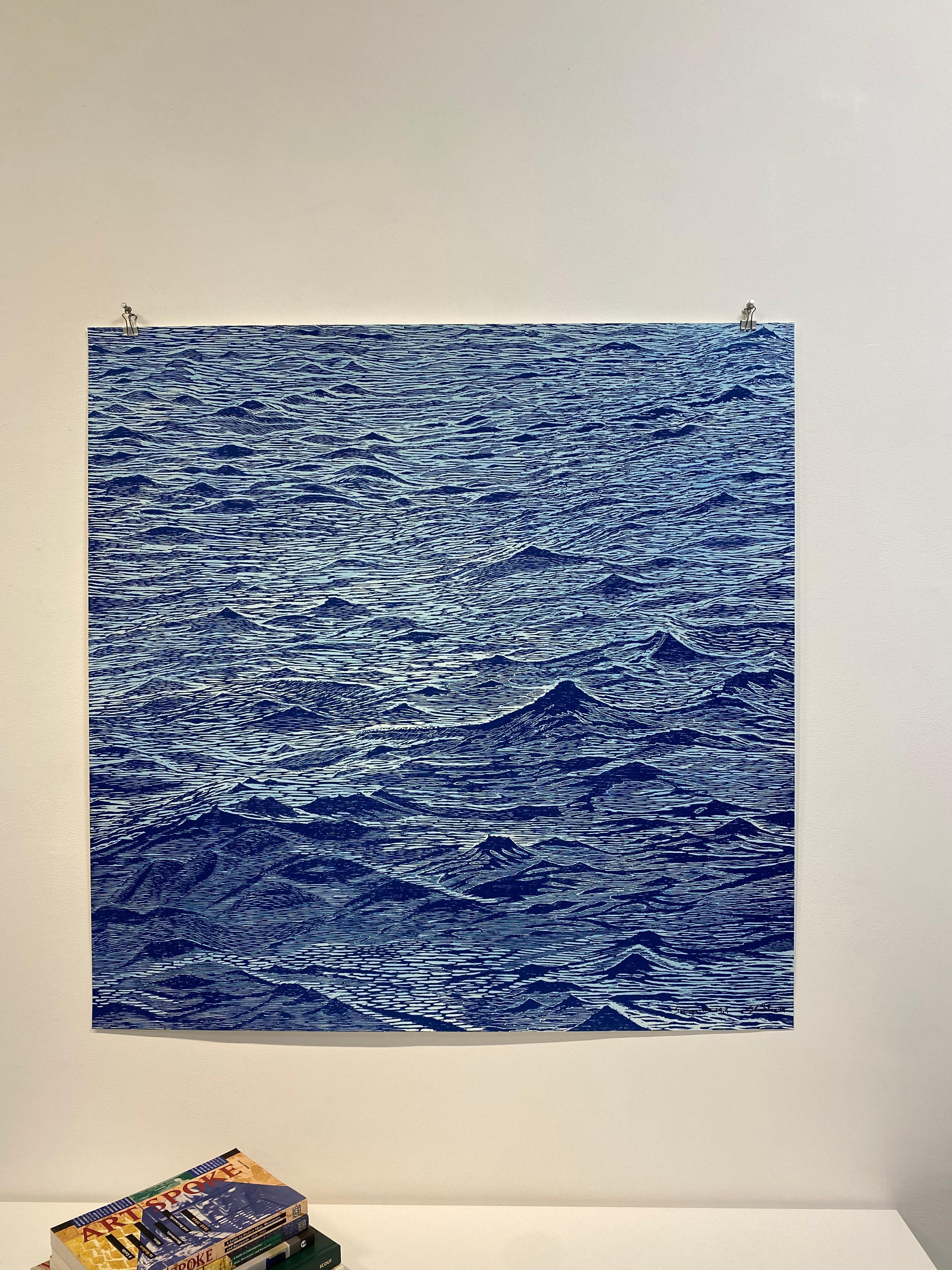 Seascape 24, Woodcut Print of Ocean Waves in Light Blue and Dark Cobalt, Navy 1