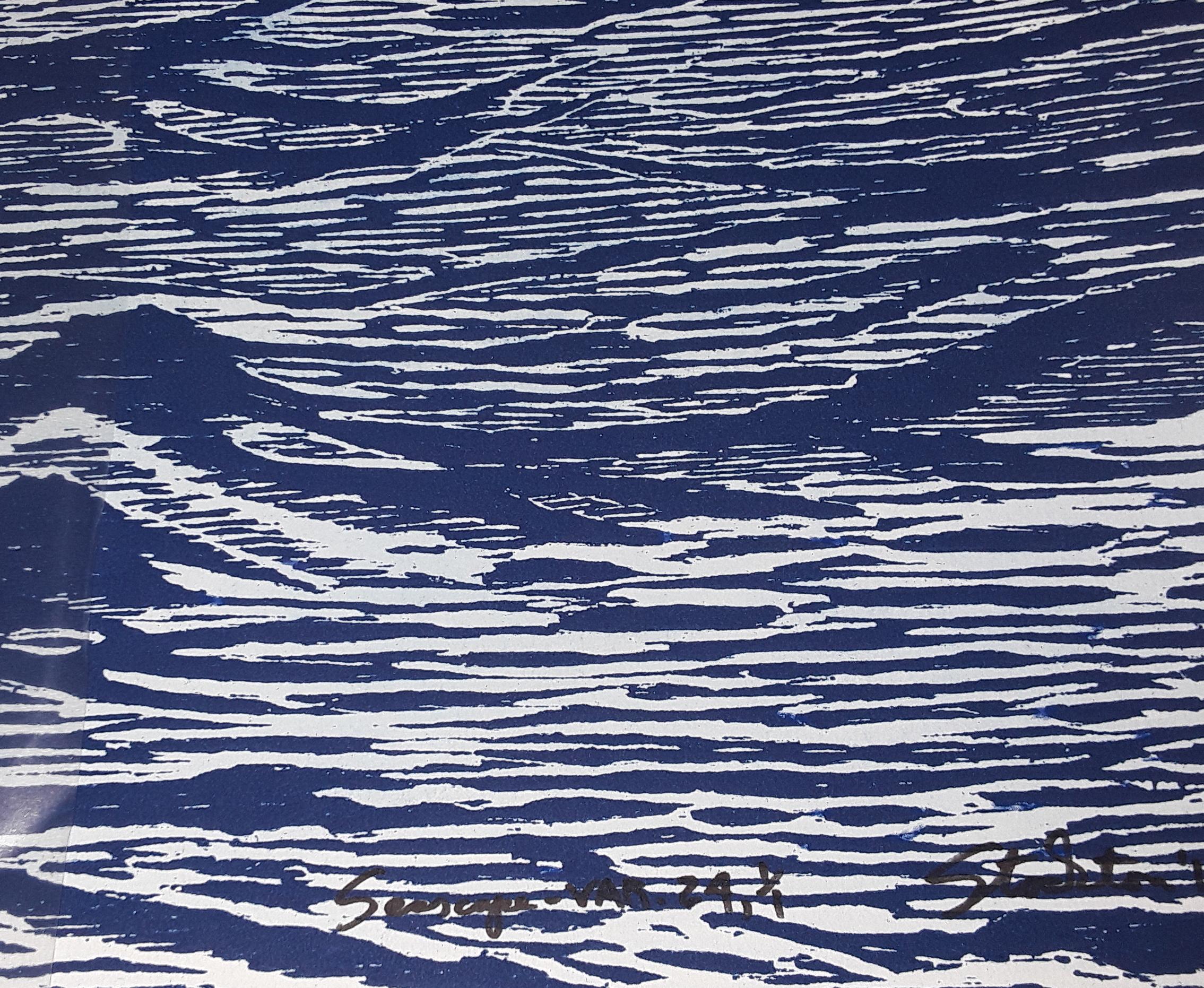 Seascape 24, Woodcut Print of Ocean Waves in Light Blue and Dark Cobalt, Navy 6