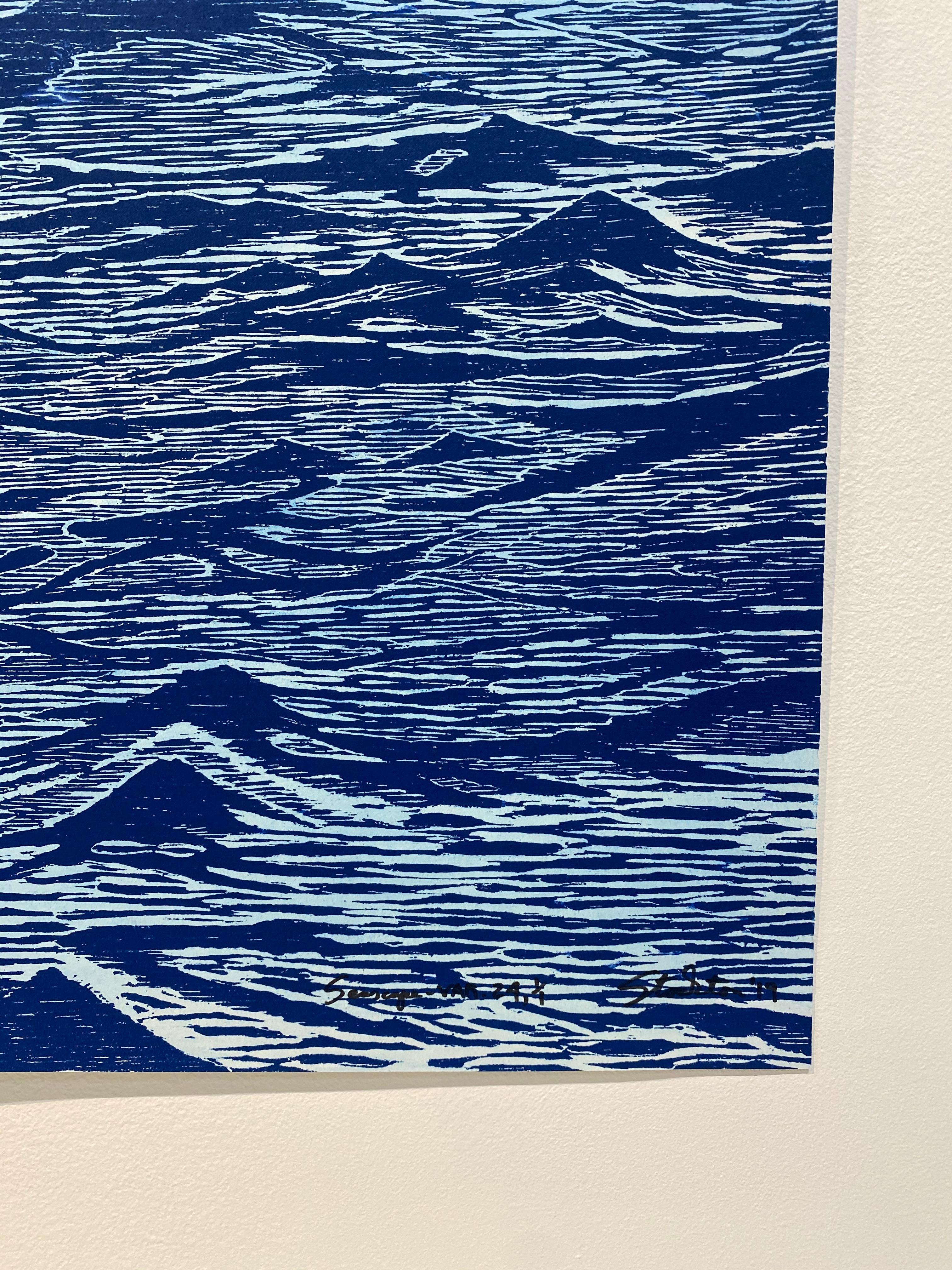 Seascape 24, Woodcut Print of Ocean Waves in Light Blue and Dark Cobalt, Navy 7