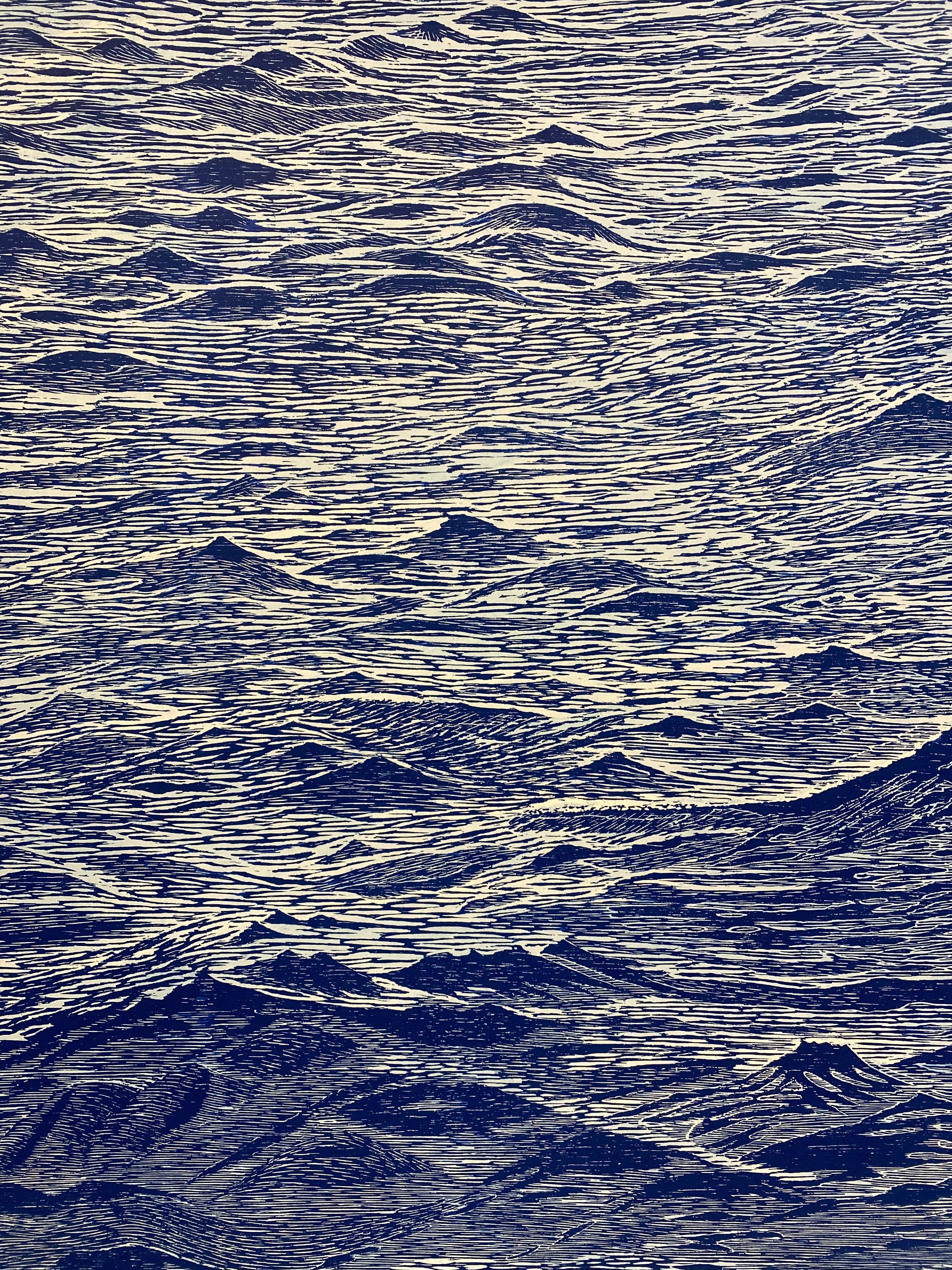 Seascape 24, Woodcut Print of Ocean Waves in Light Blue and Dark Cobalt, Navy 8