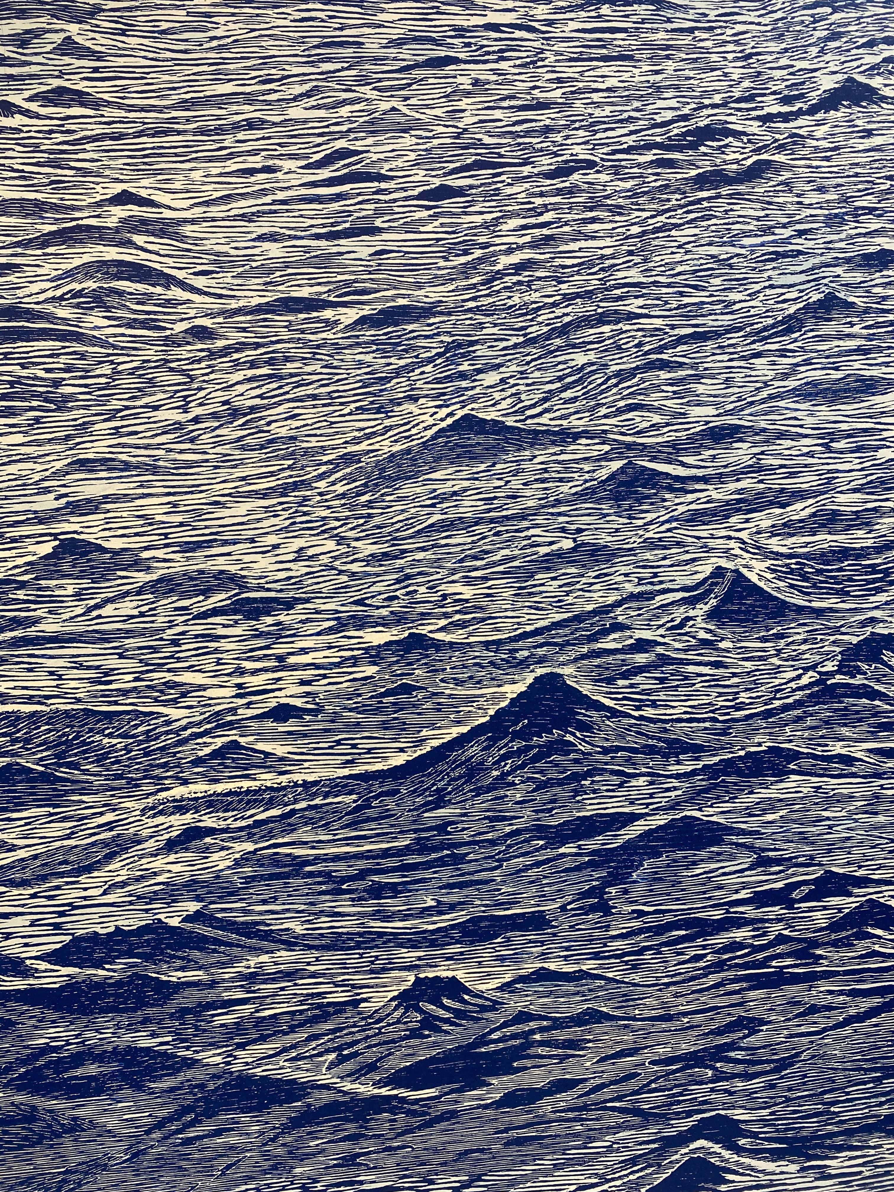 Seascape 24, Woodcut Print of Ocean Waves in Light Blue and Dark Cobalt, Navy 9