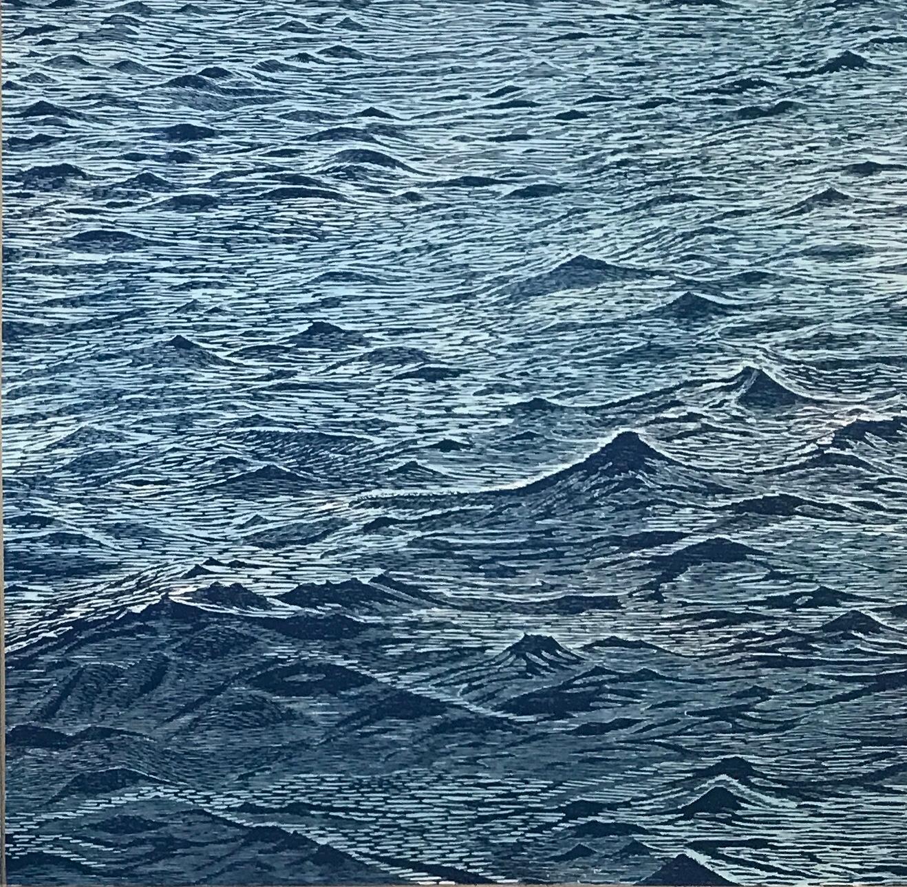 This is a unique woodcut print of ocean waves in shades of of blue from bright, pale blue to deep, dark cobalt. The monotype brings to mind the tradition of Japanese printing while being distinctly contemporary. 

Edition 1/1 (monotype) unframed.