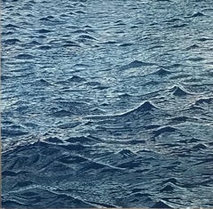 Seascape 24, Woodcut Print of Ocean Waves in Light Blue and Dark Cobalt, Navy