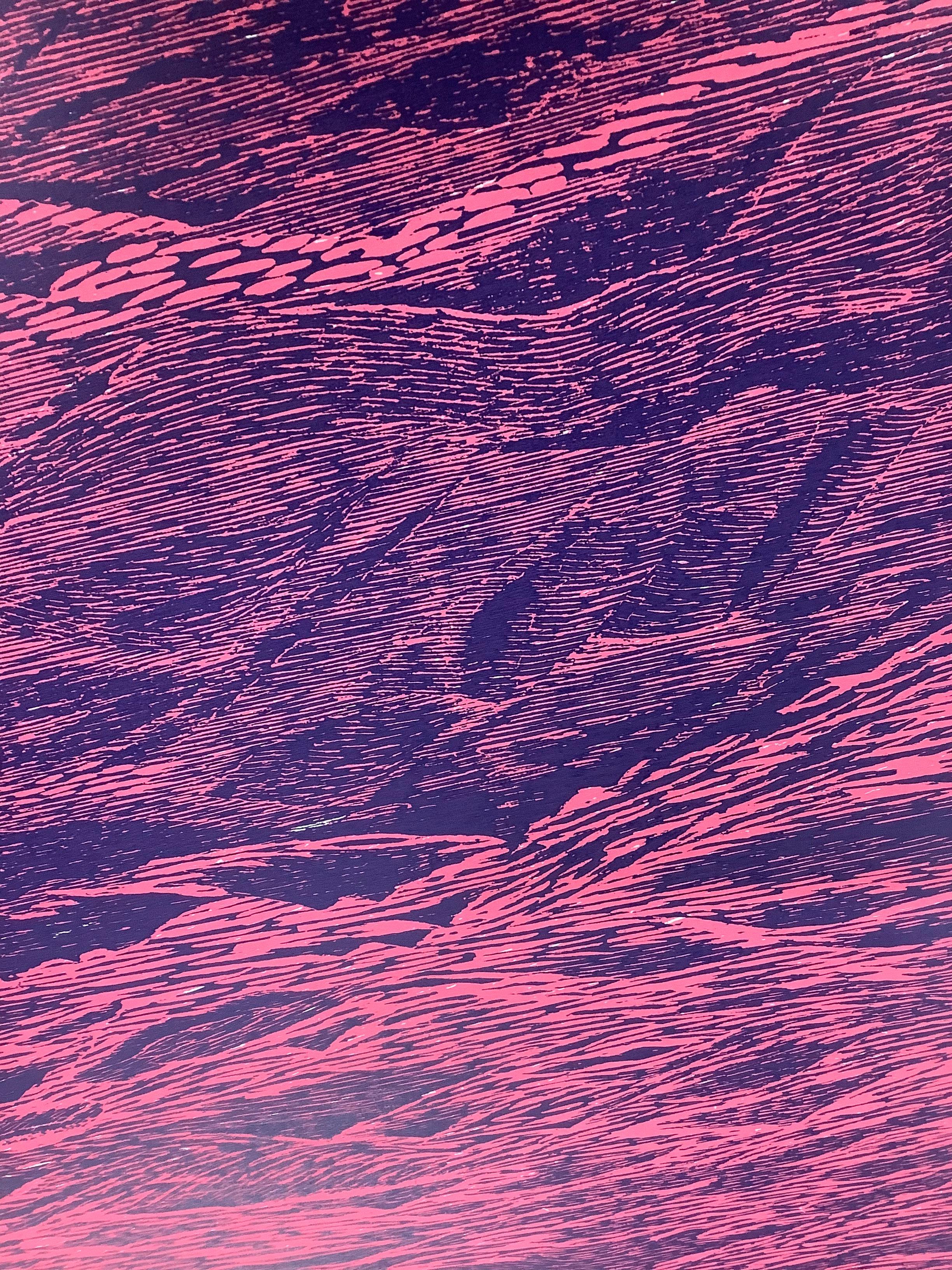 Seascape Variation Five, Ocean Waves Woodcut Print in Pale Pink and Dark Blue - Brown Landscape Print by Eve Stockton