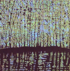 Stream 33, Woodcut Print of Forest and Stream in Purple, Light Blue Yellow Green