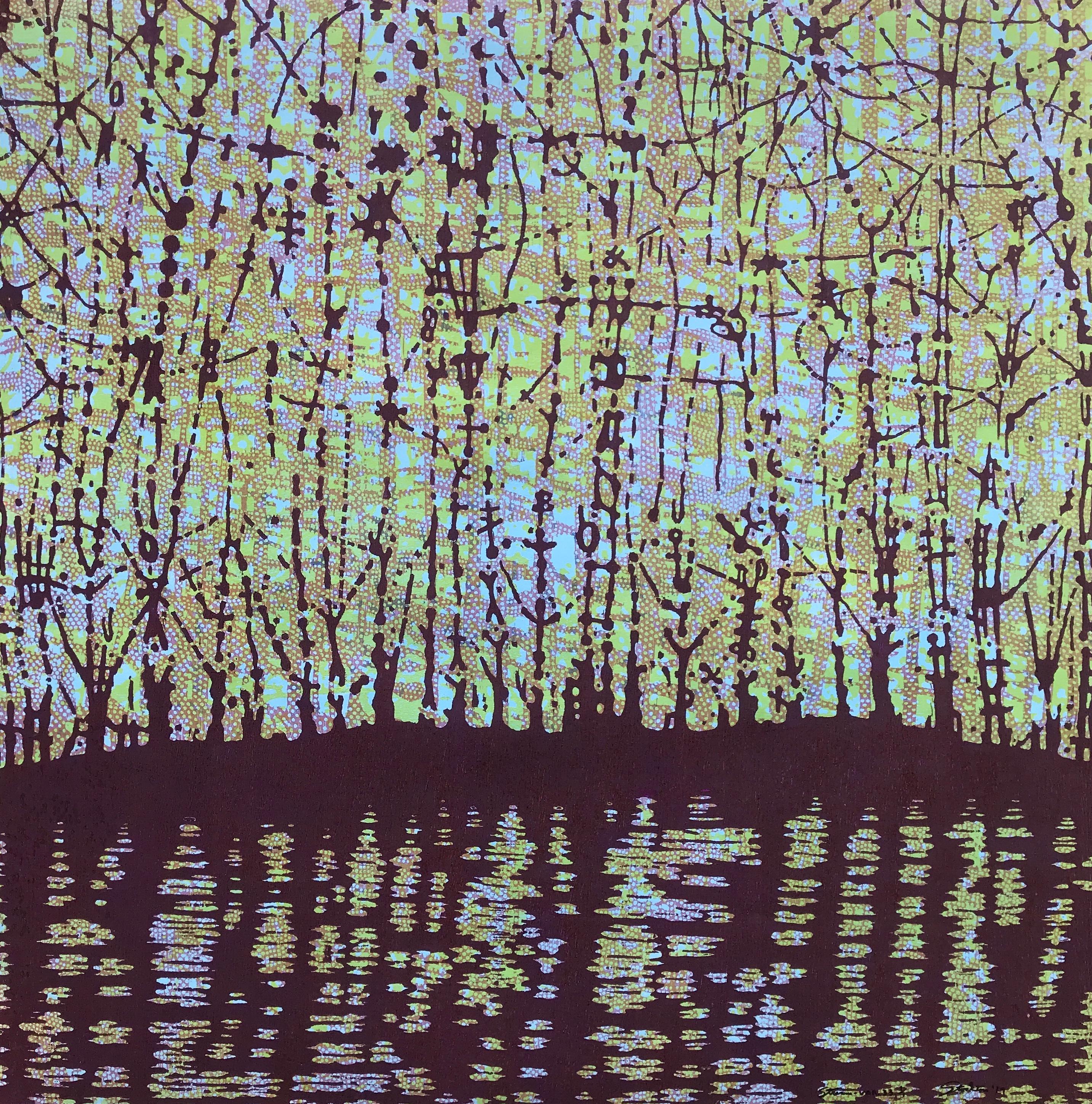 Stream 33, Woodcut Print of Forest and Stream in Purple, Light Blue Yellow Green