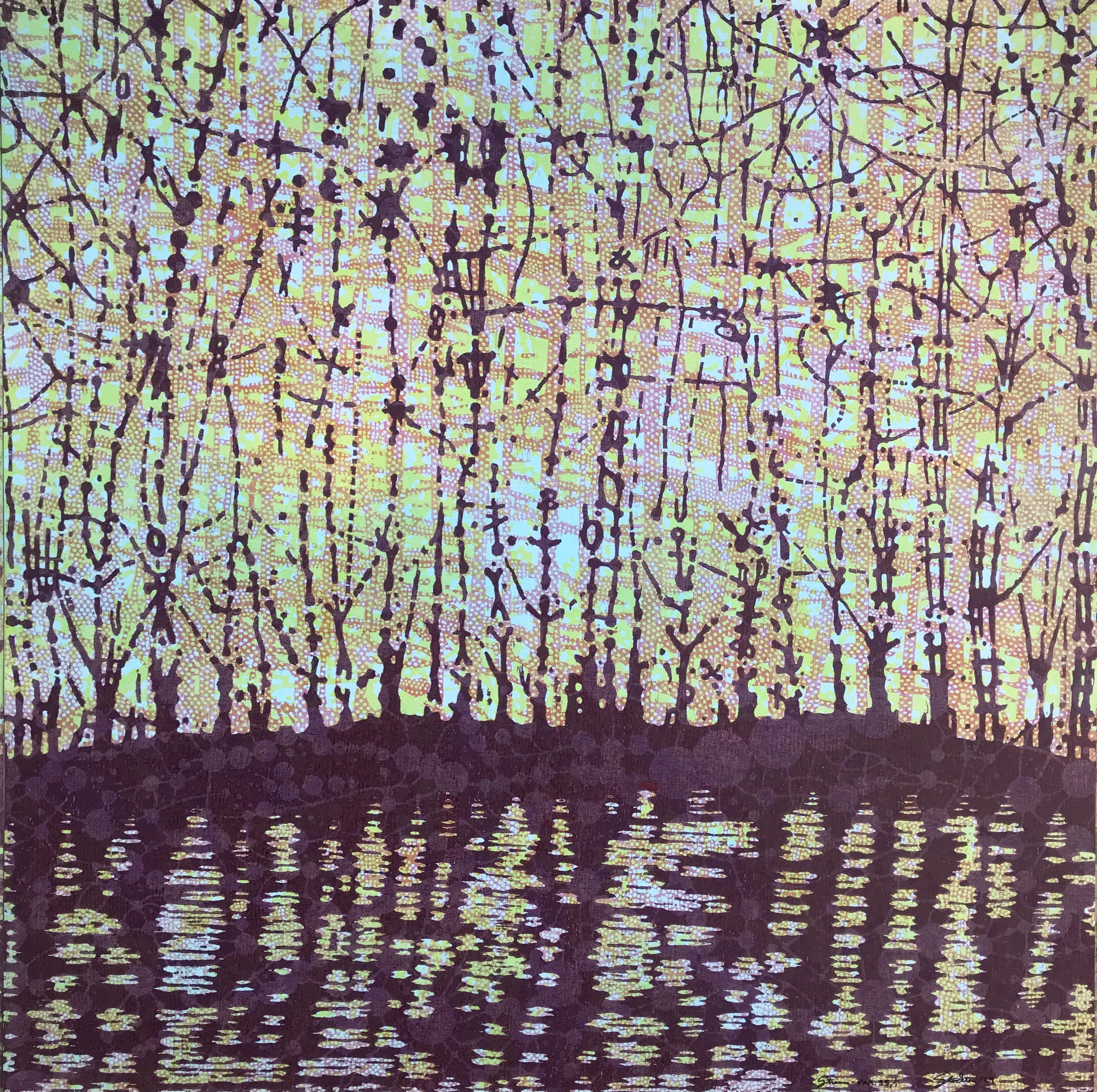 Stream 35, Woodcut Print of Forest and Stream, Purple, Light Blue, Yellow