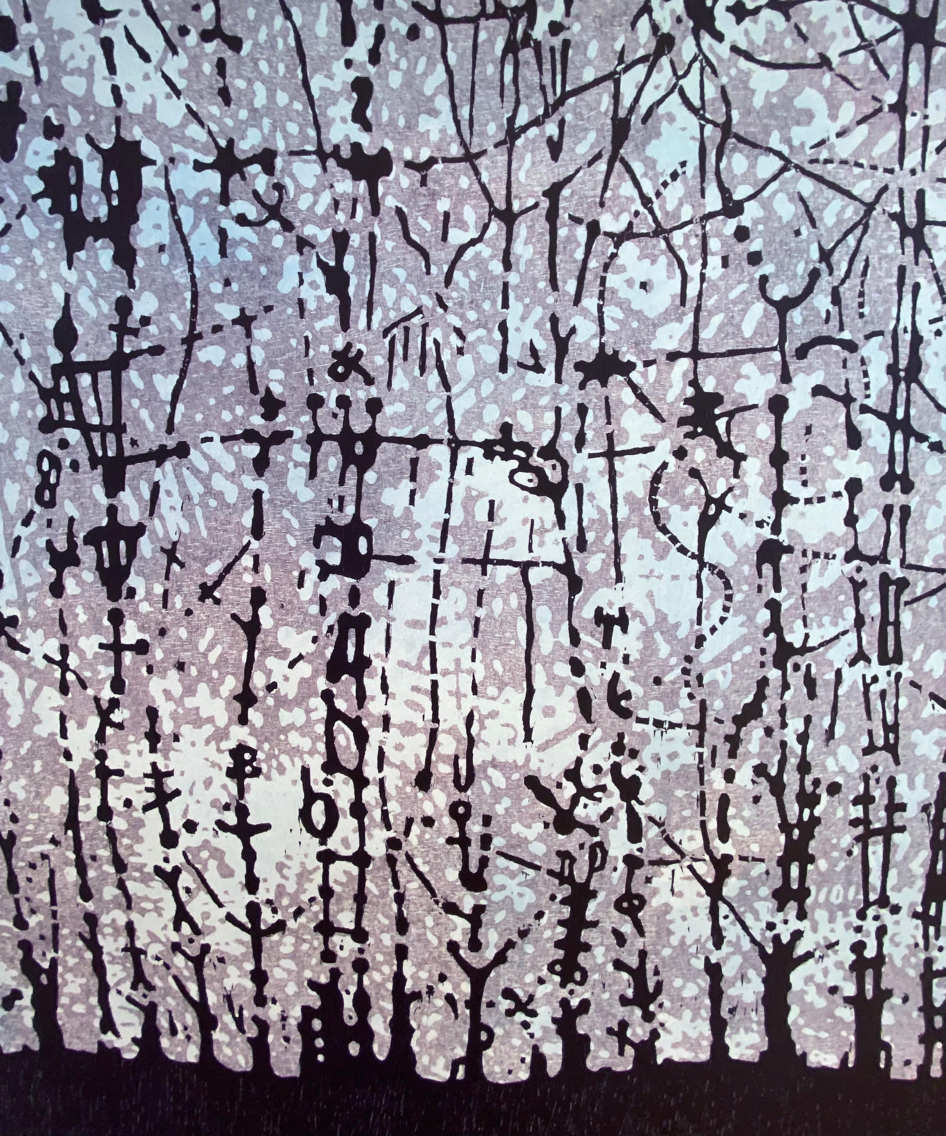 This is a unique woodcut print of a forest and stream in dark eggplant purple offset by a light blue and pale grayish lilac background. The monotype brings to mind the tradition of Japanese printing while being distinctly contemporary. 

Edition 1/1