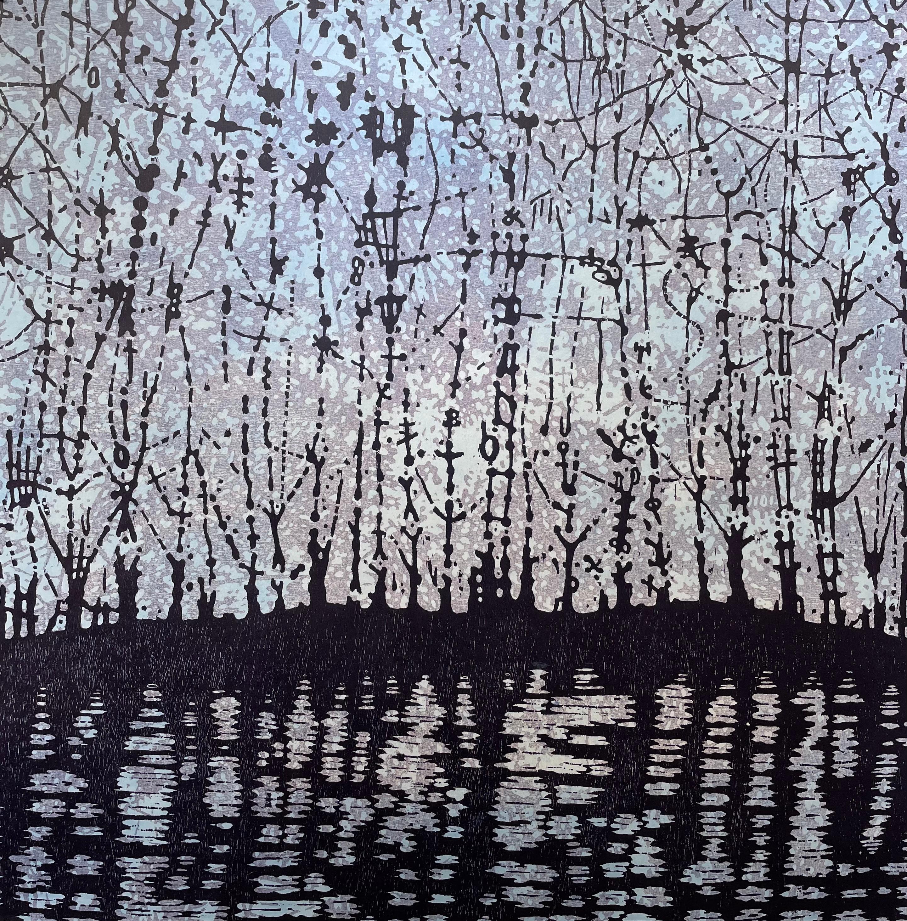 Eve Stockton Landscape Print - Stream 49, Forest, Stream, Dark Eggplant Purple, Light Blue, Pale Lilac