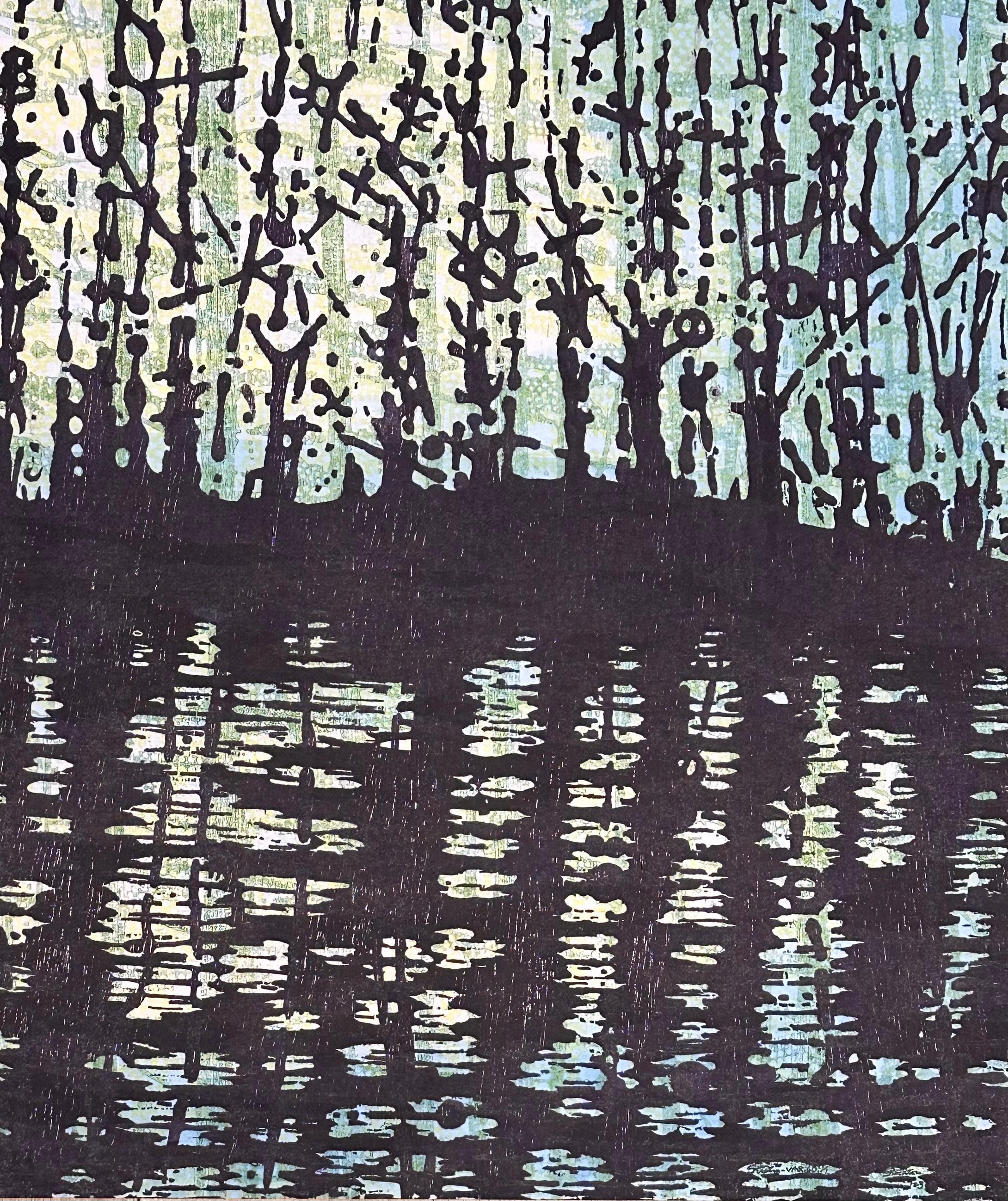 This is a unique woodcut print of a forest and stream in dark eggplant purple offset by a minty light teal greenish blue and pale yellow background. The monotype brings to mind the tradition of Japanese printing while being distinctly contemporary.