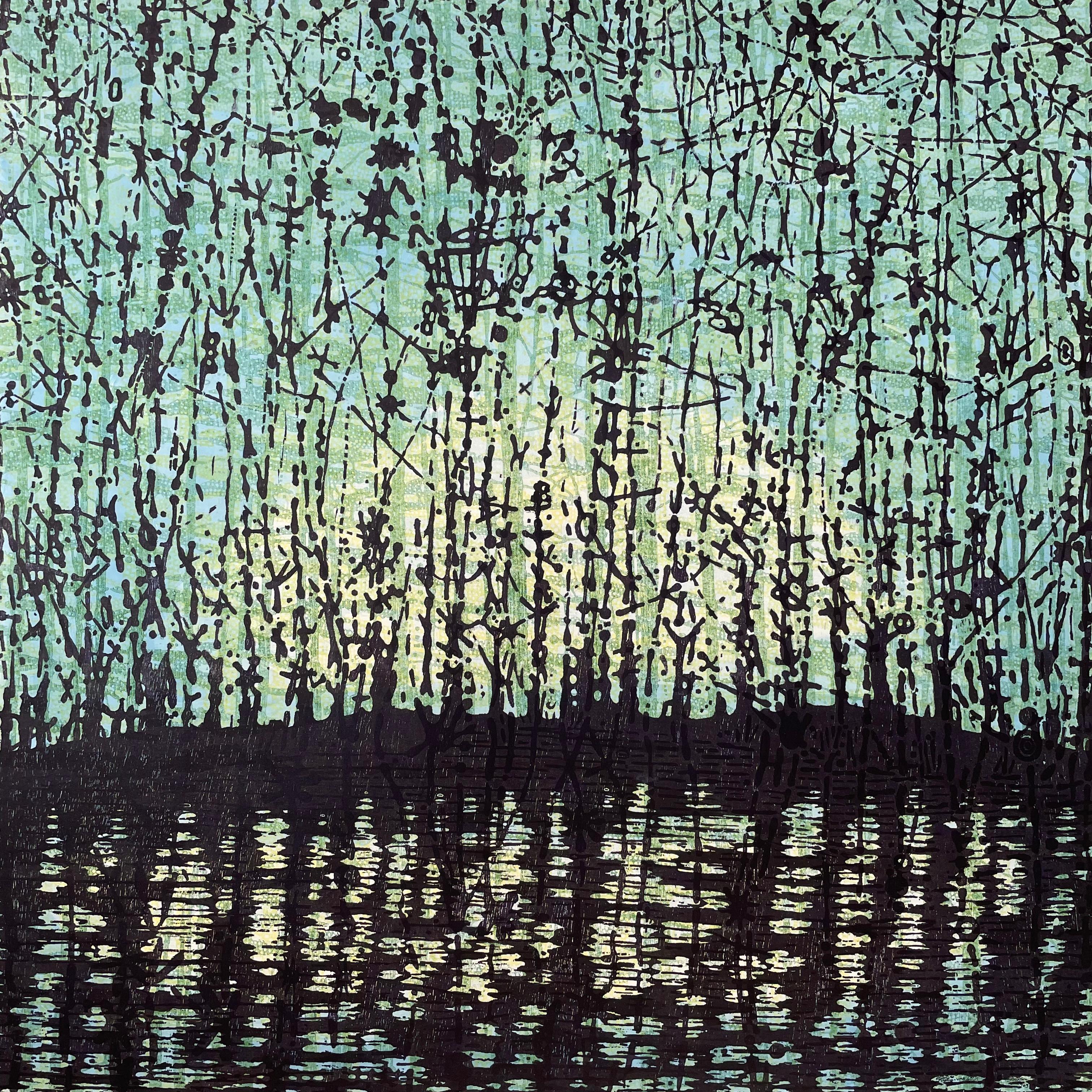 Eve Stockton Abstract Print - Stream 60, Forest, Stream, Light Teal Green, Yellow, Dark Eggplant Purple