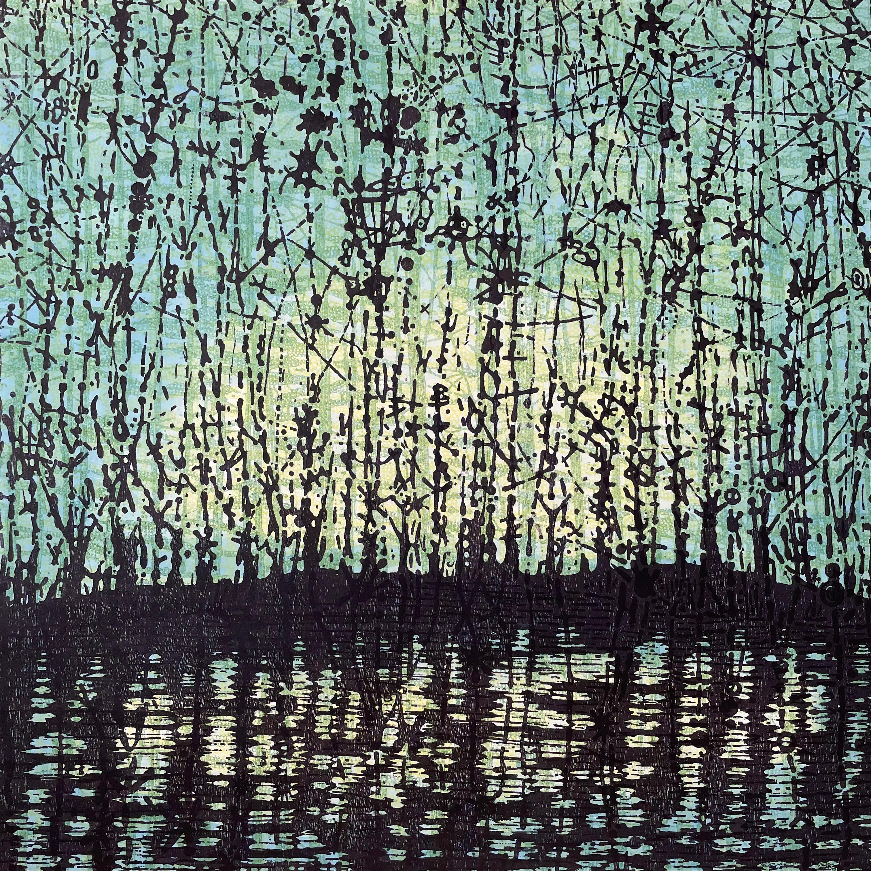 Eve Stockton Landscape Print - Stream 61, Forest, Stream, Light Teal Green, Yellow, Dark Eggplant Purple