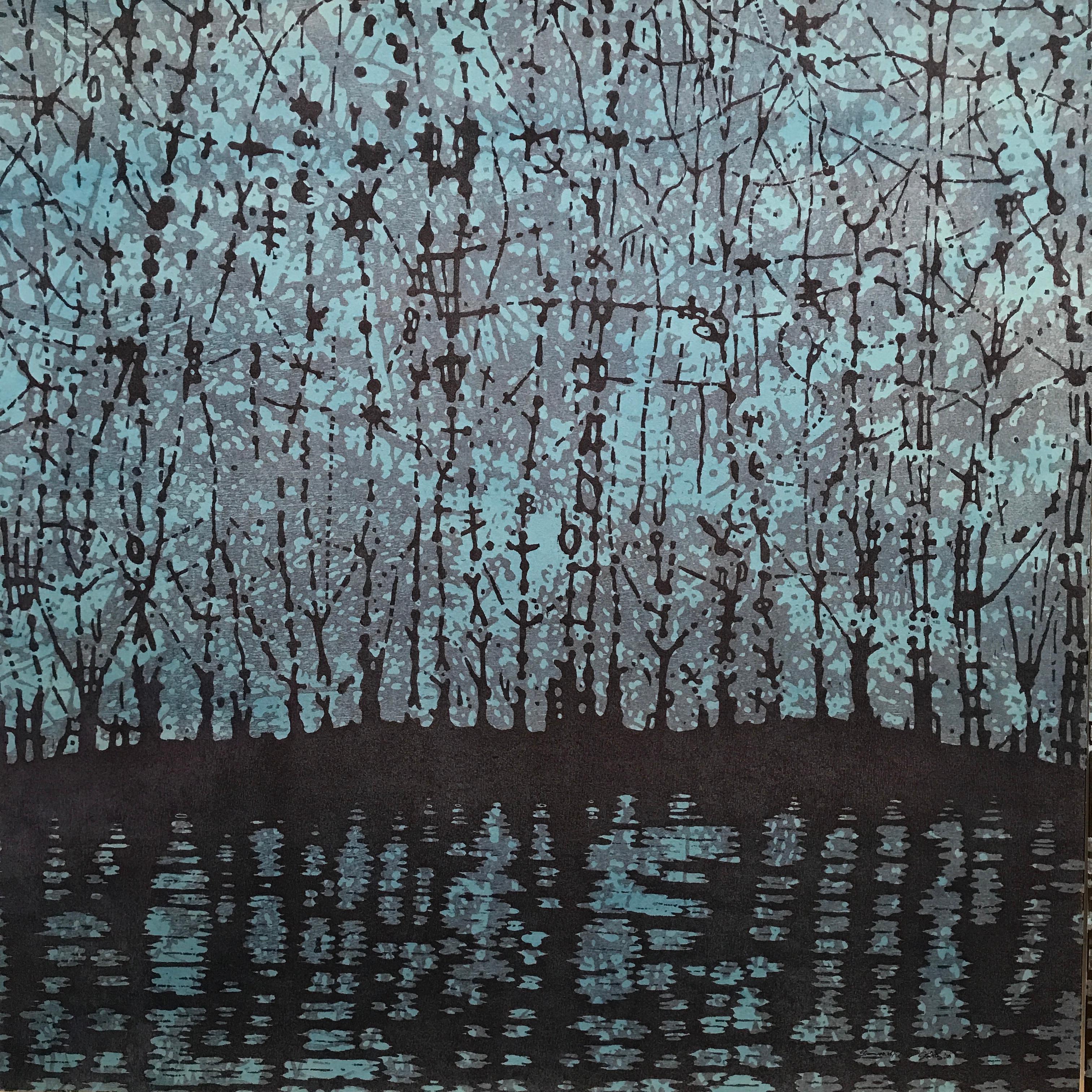 Eve Stockton Abstract Print - Stream 25, Nature Woodcut Print of Forest and Stream, Pale Blue, Dark Violet