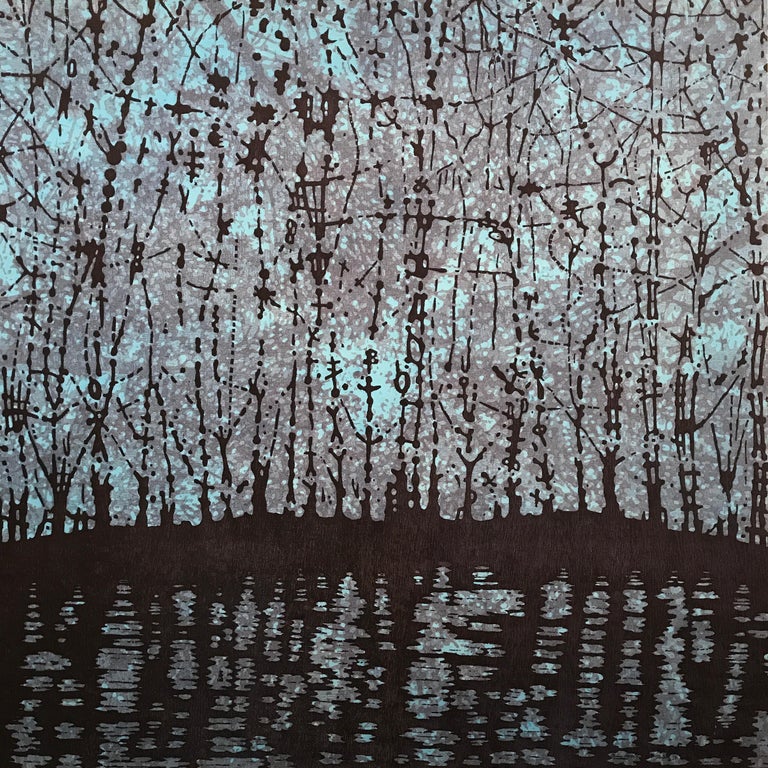 Eve Stockton Abstract Print - Stream 26, Nature Woodcut Print of Forest and Stream, Pale Blue, Dark Violet