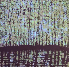 Stream Variation 32, Woodcut of Forest and Stream, Purple, Blue, Green, Orange 