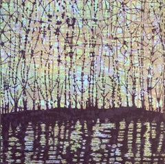 Stream 34, Woodcut Print of Forest, Stream in Purple, Light Blue, Yellow Green