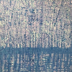 Stream Two, gravure sur bois avec paysage forestier et eau en bleu et violet