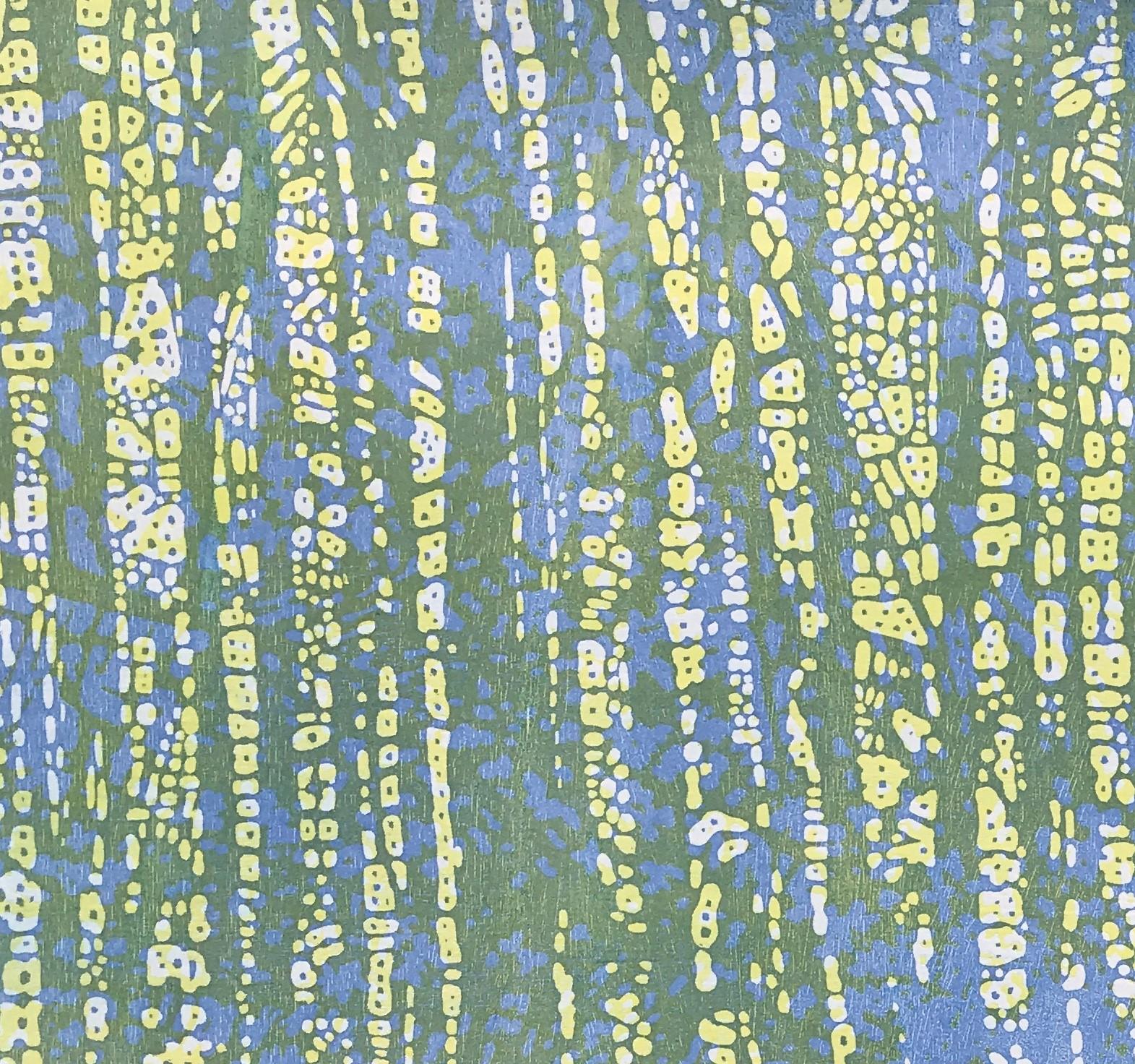 Woodland Landscape IX Eight, Woodcut Print, Forest, Light Blue Pale Yellow Green 1